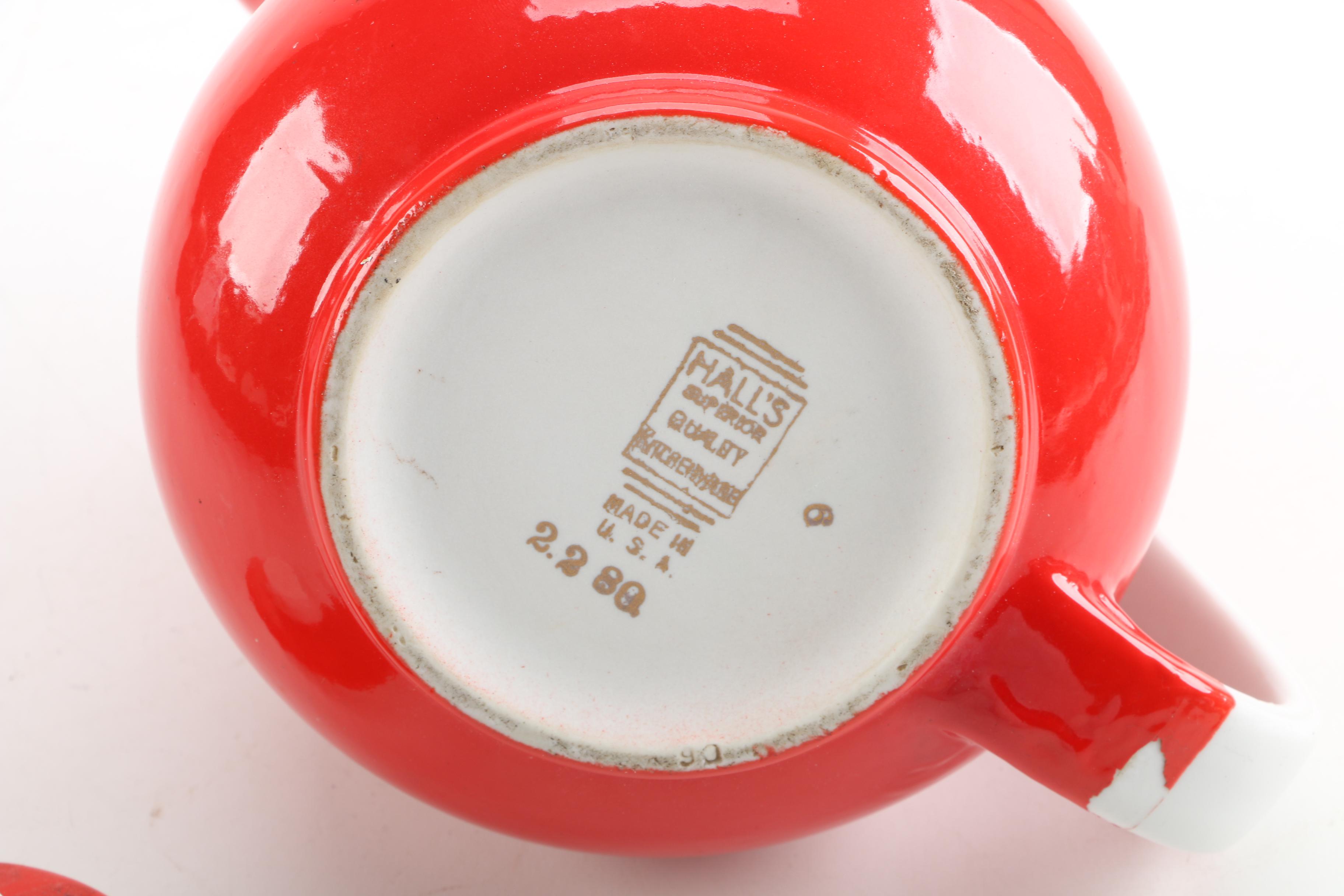 Blown Glass Bowl with Vintage Hall "Chinese Red" Teapot and Andor Enameled Plate