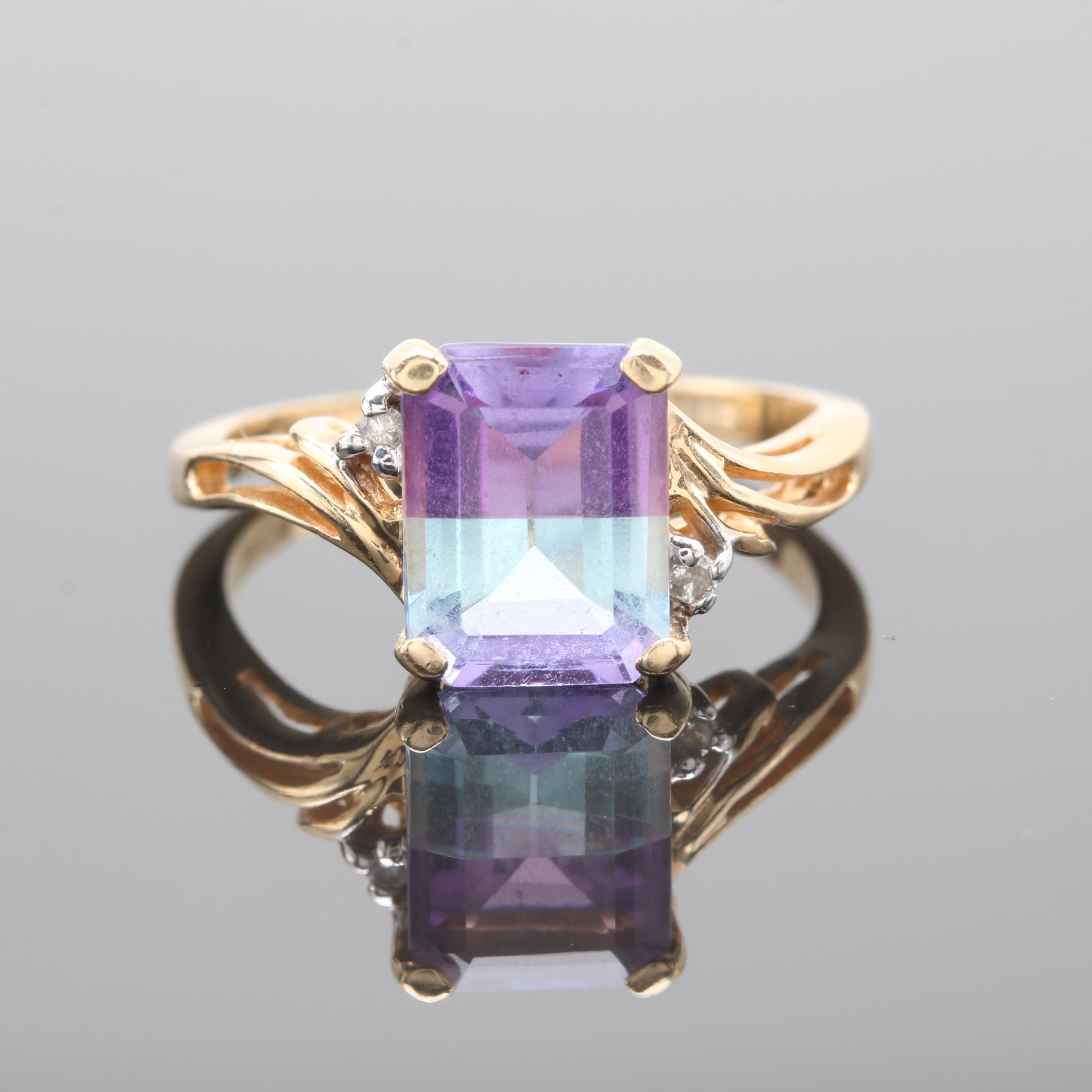 14K Yellow Gold Amethyst Topaz and Diamond Ring