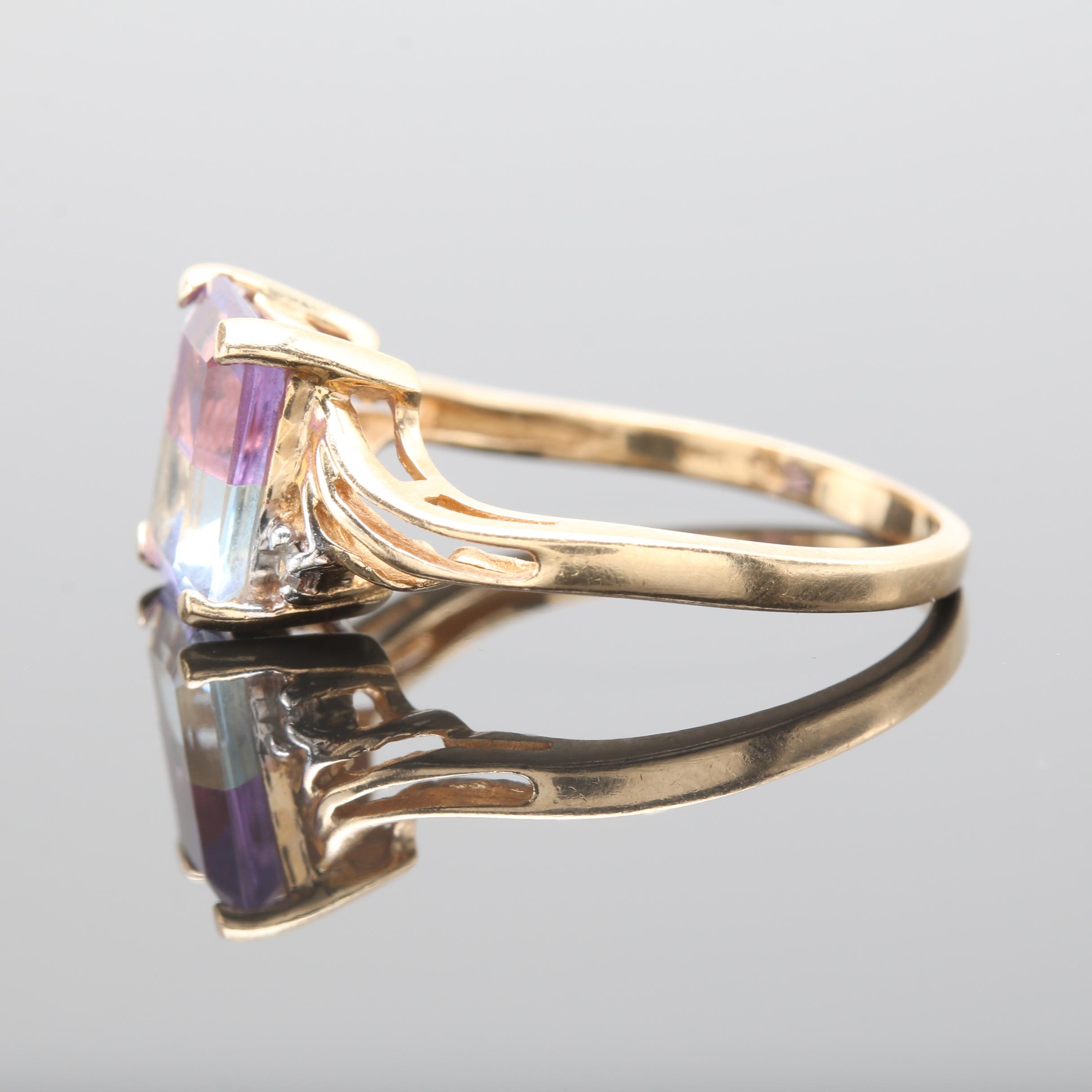 14K Yellow Gold Amethyst Topaz and Diamond Ring