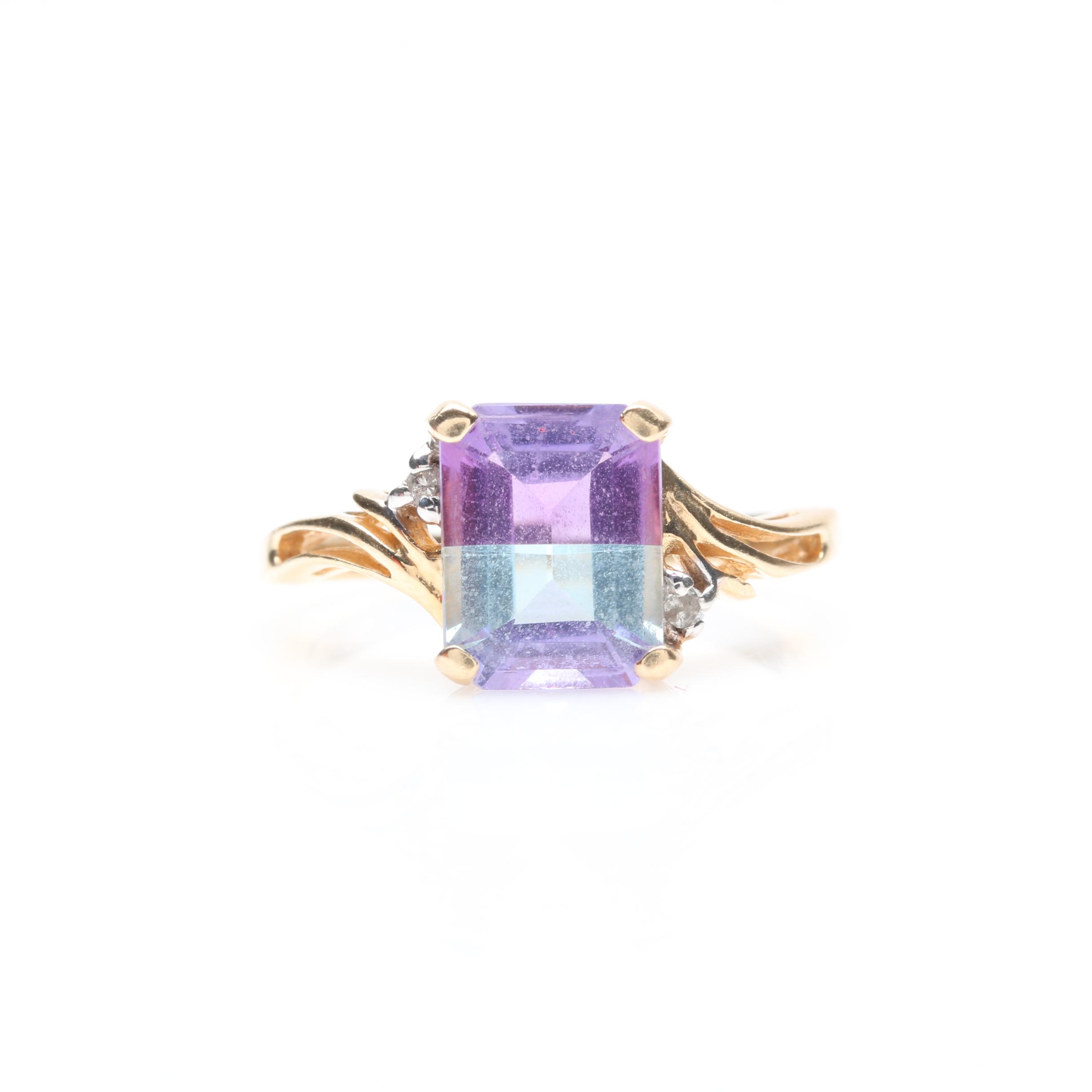 14K Yellow Gold Amethyst Topaz and Diamond Ring