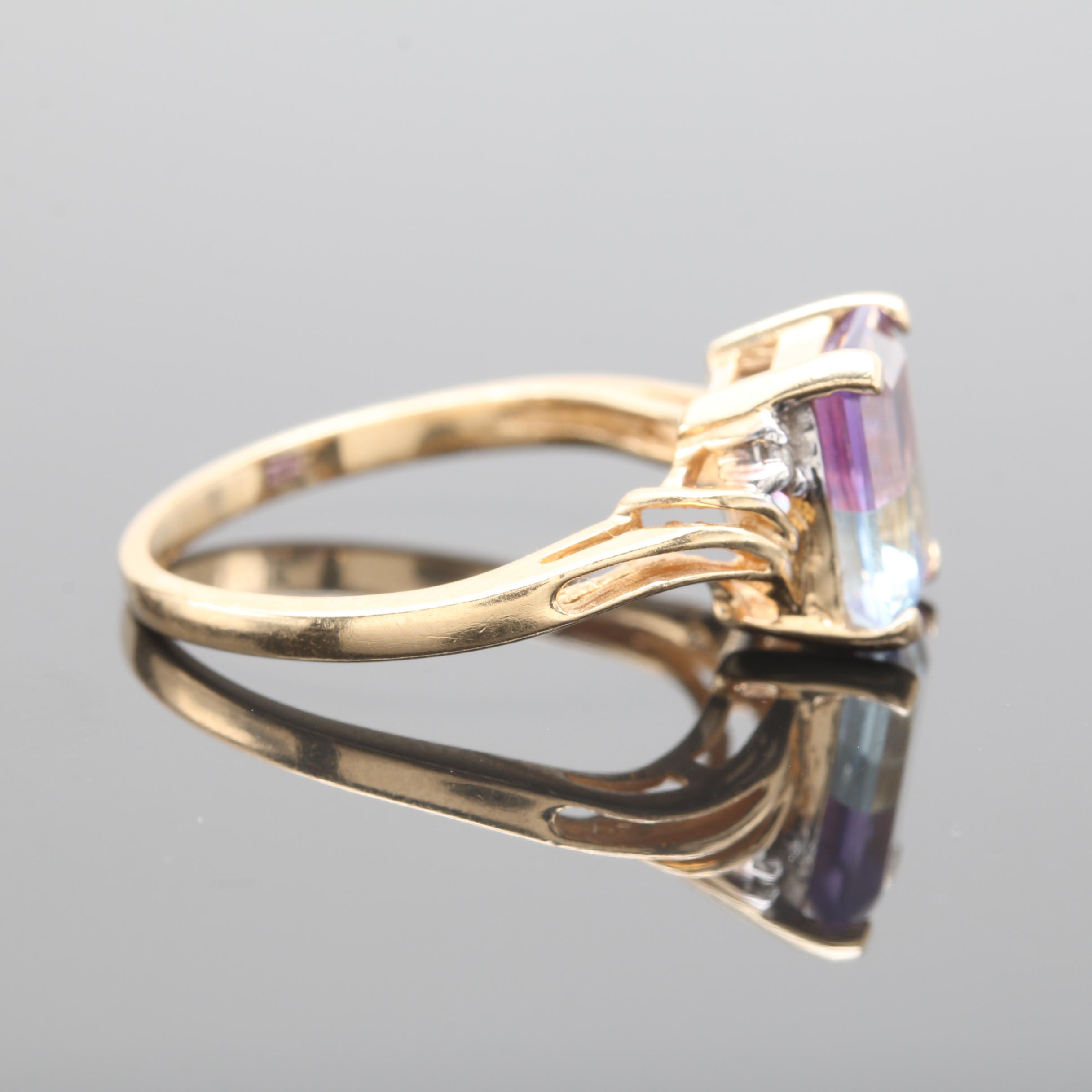 14K Yellow Gold Amethyst Topaz and Diamond Ring