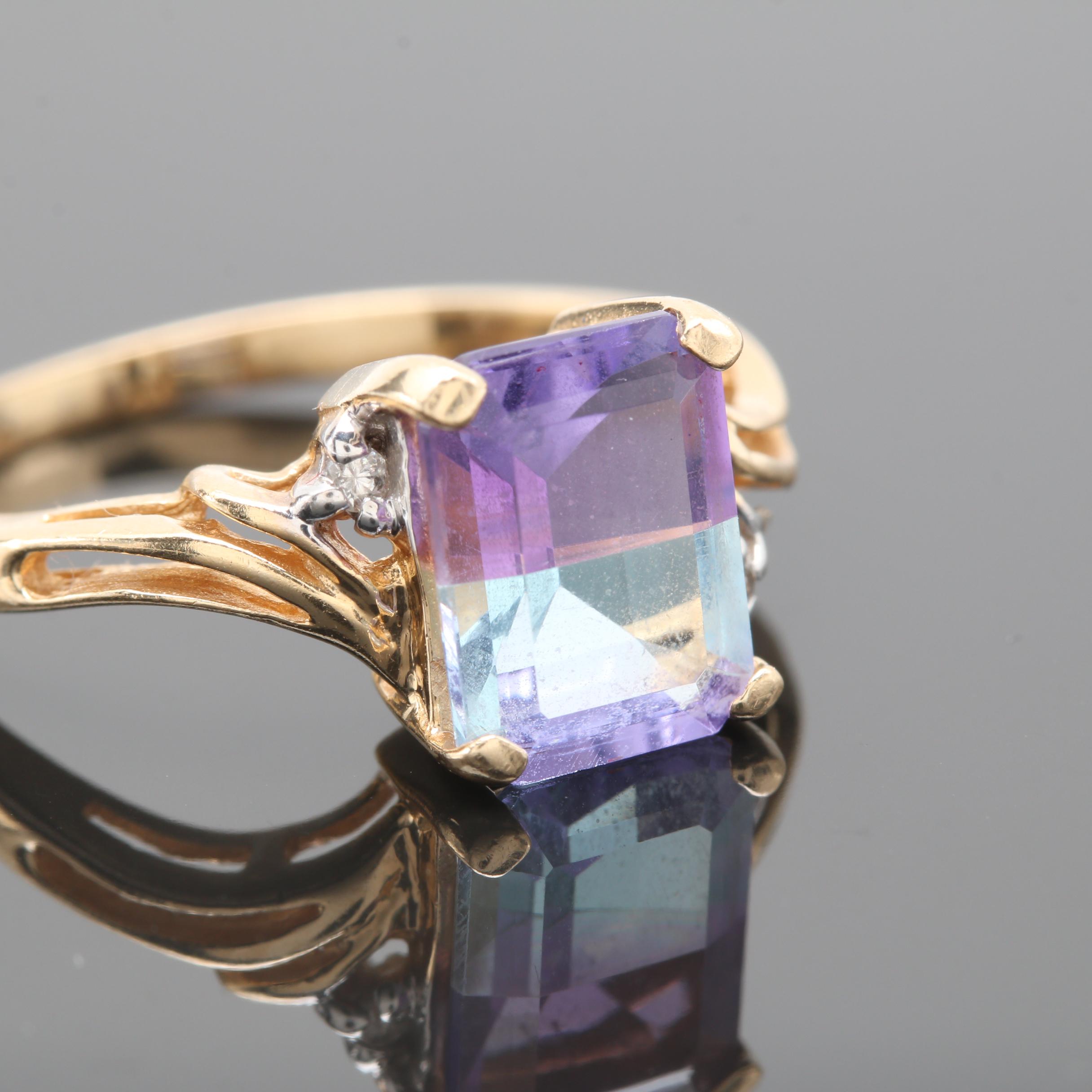 14K Yellow Gold Amethyst Topaz and Diamond Ring