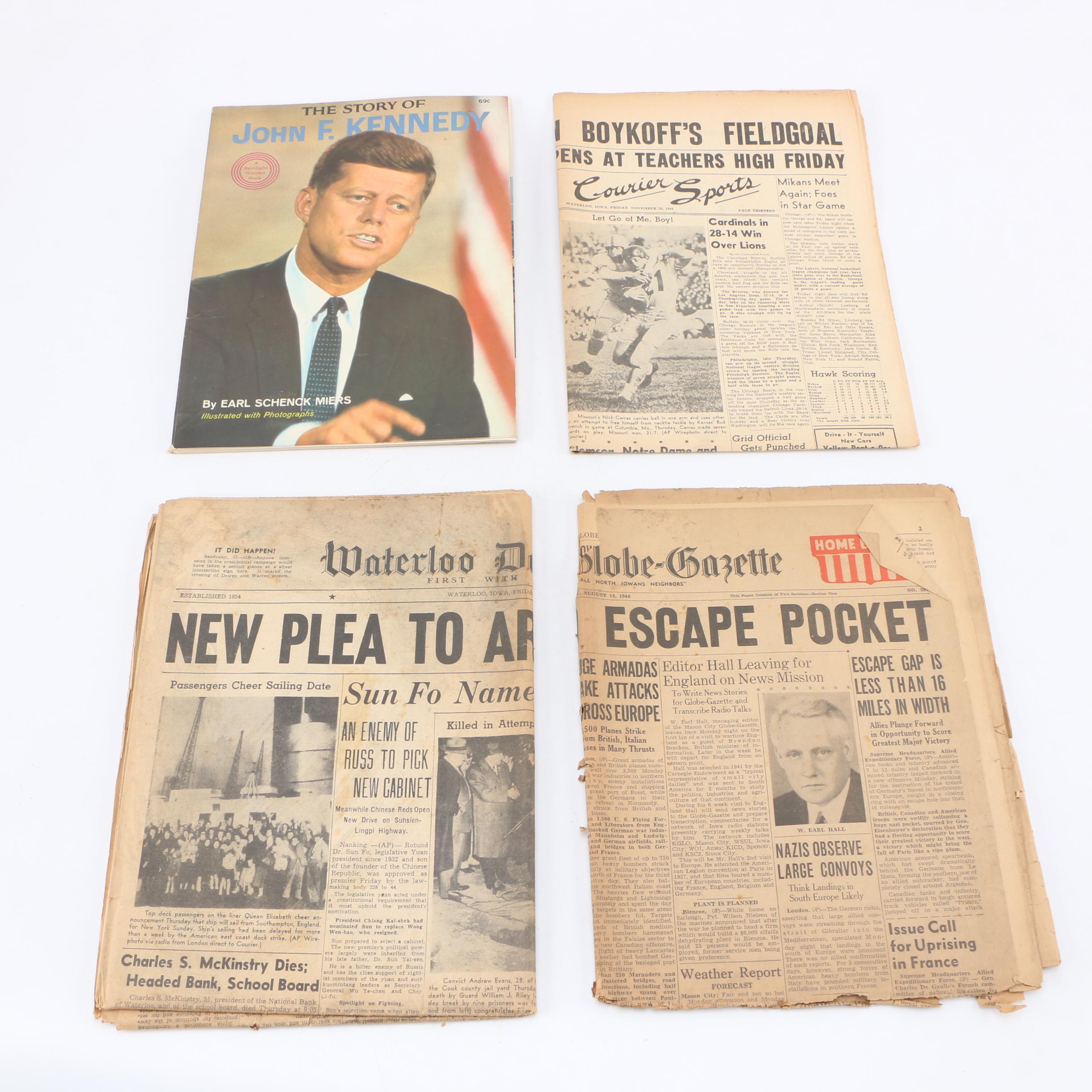1964 "The Story of John F. Kennedy" Wonder Book and 1940s Newspapers