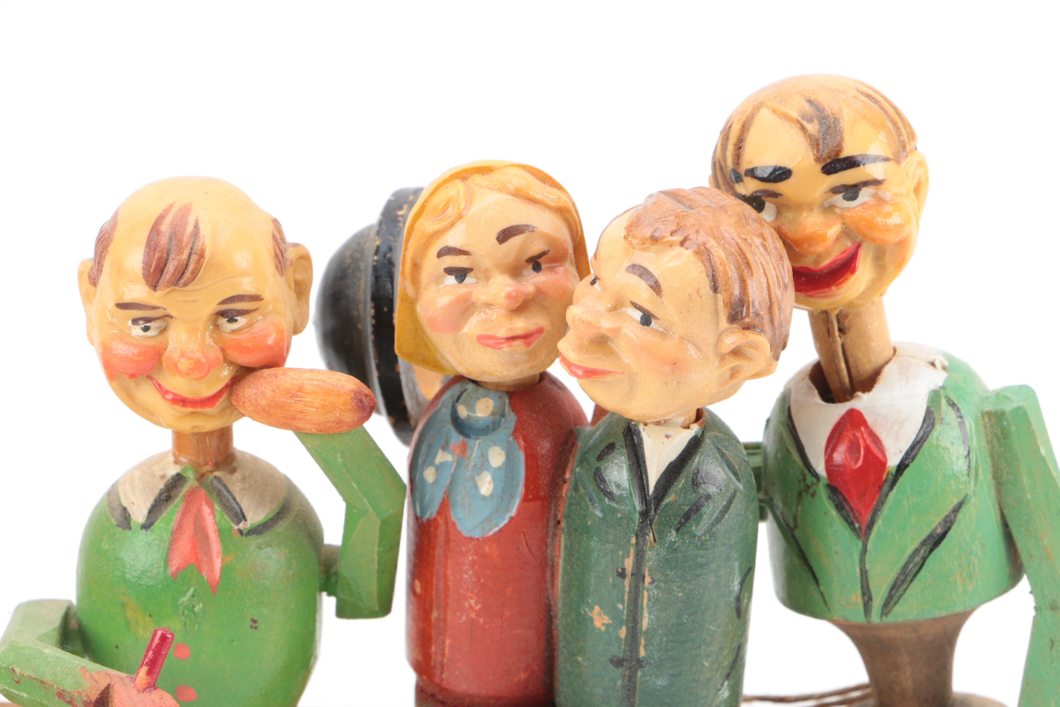 C. 1950s Italian Carved Wooden Articulated Figural Bottle Stoppers In Stand