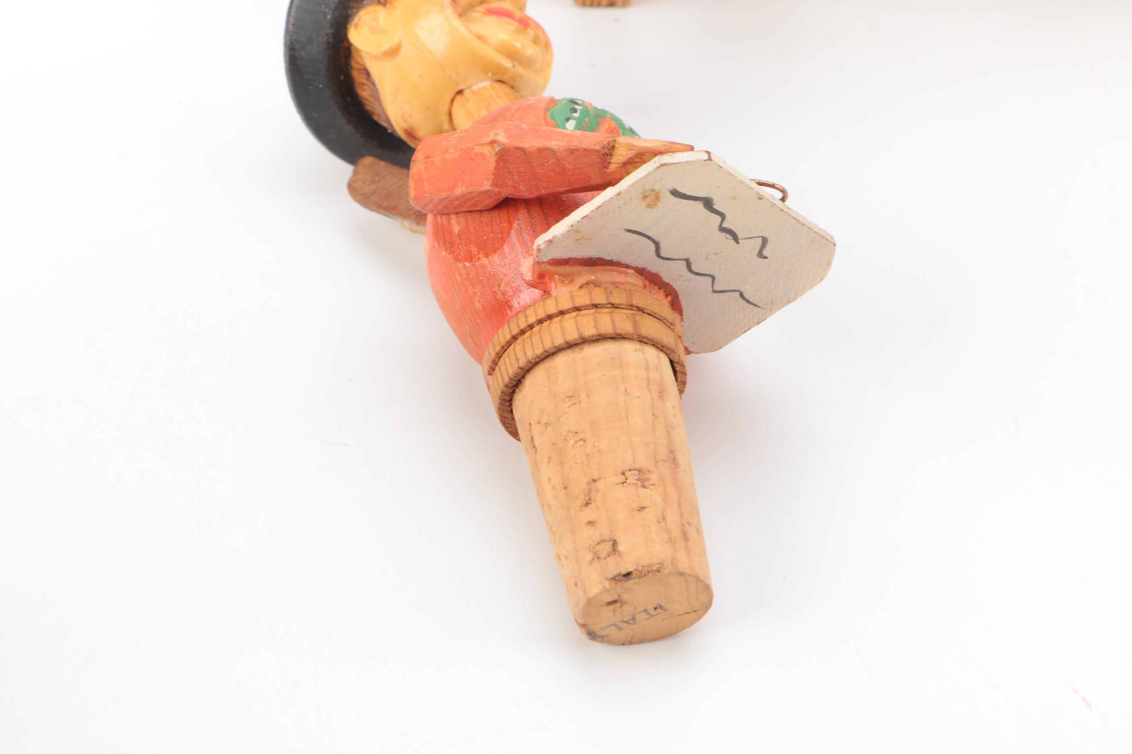 C. 1950s Italian Carved Wooden Articulated Figural Bottle Stoppers In Stand