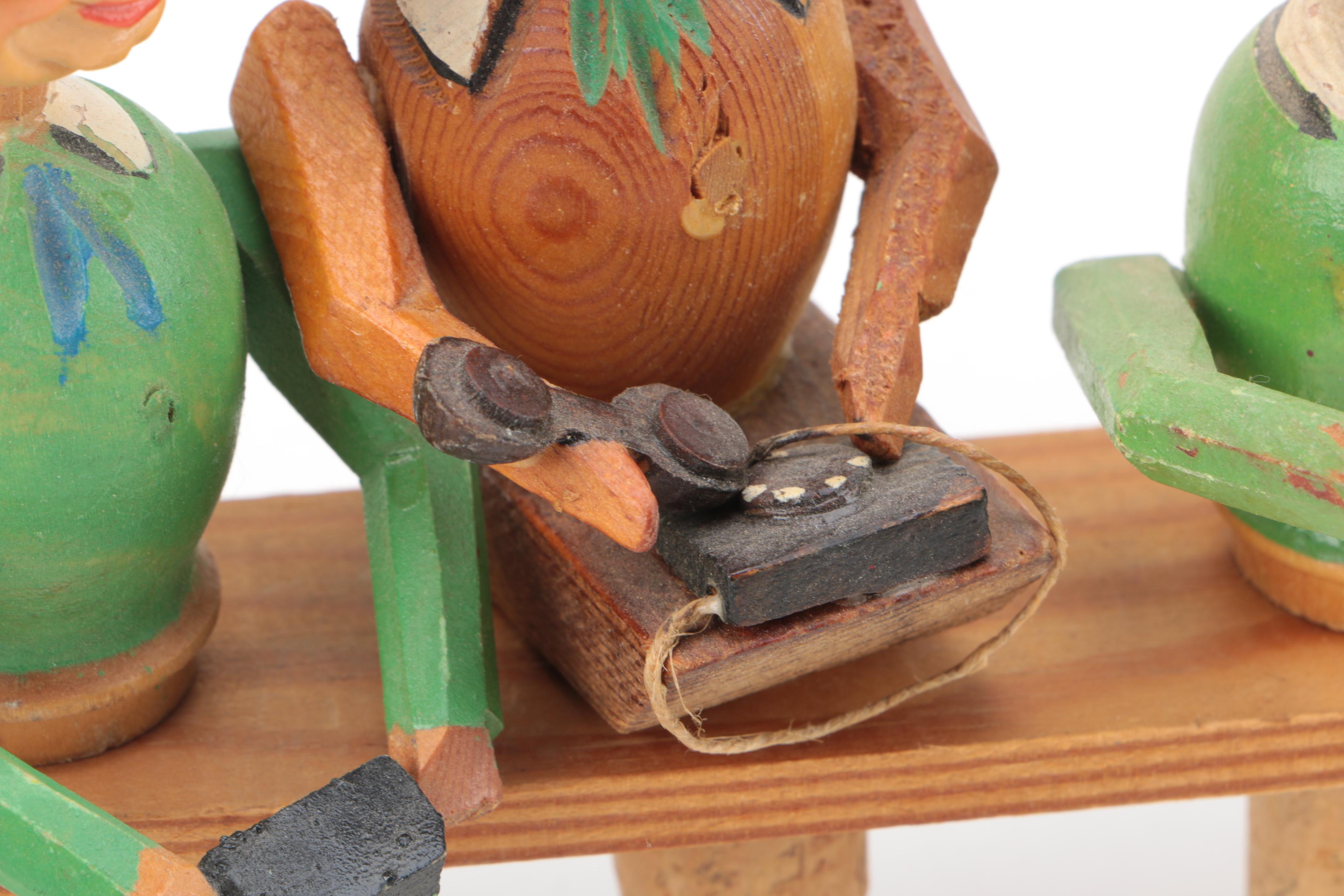 C. 1950s Italian Carved Wooden Articulated Figural Bottle Stoppers In Stand