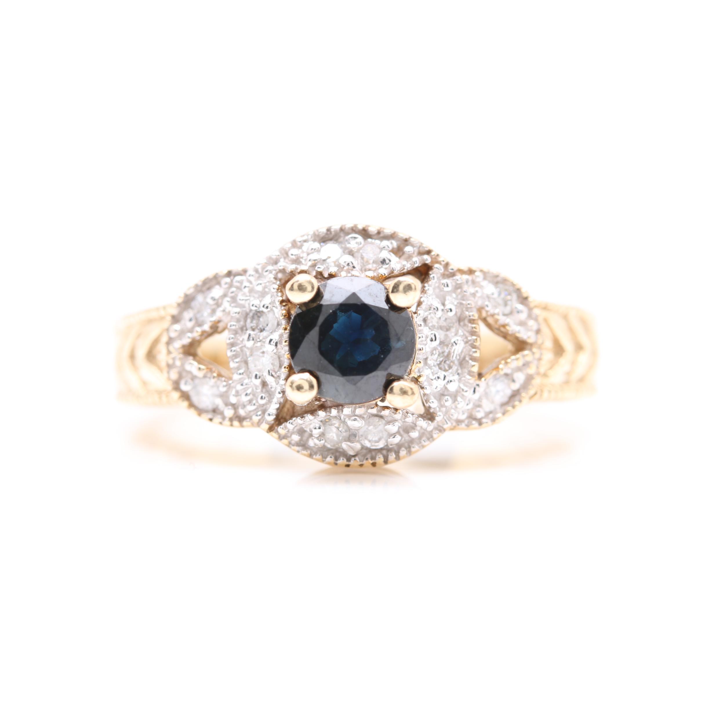 10K Yellow Gold Blue Sapphire and Diamond Ring