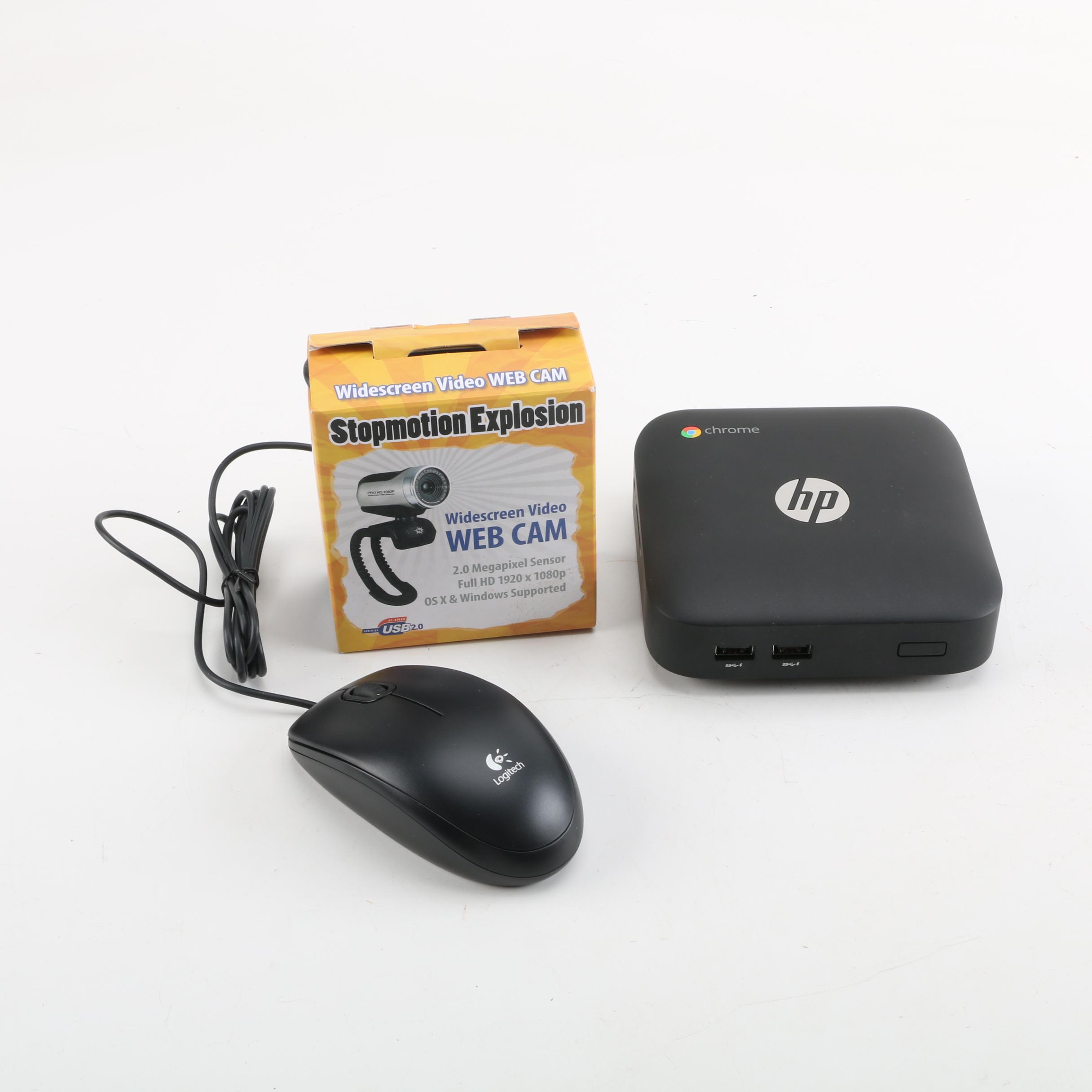 HP Chromebox, Logitech Mouse, and Stopmotion Explosion Webcam