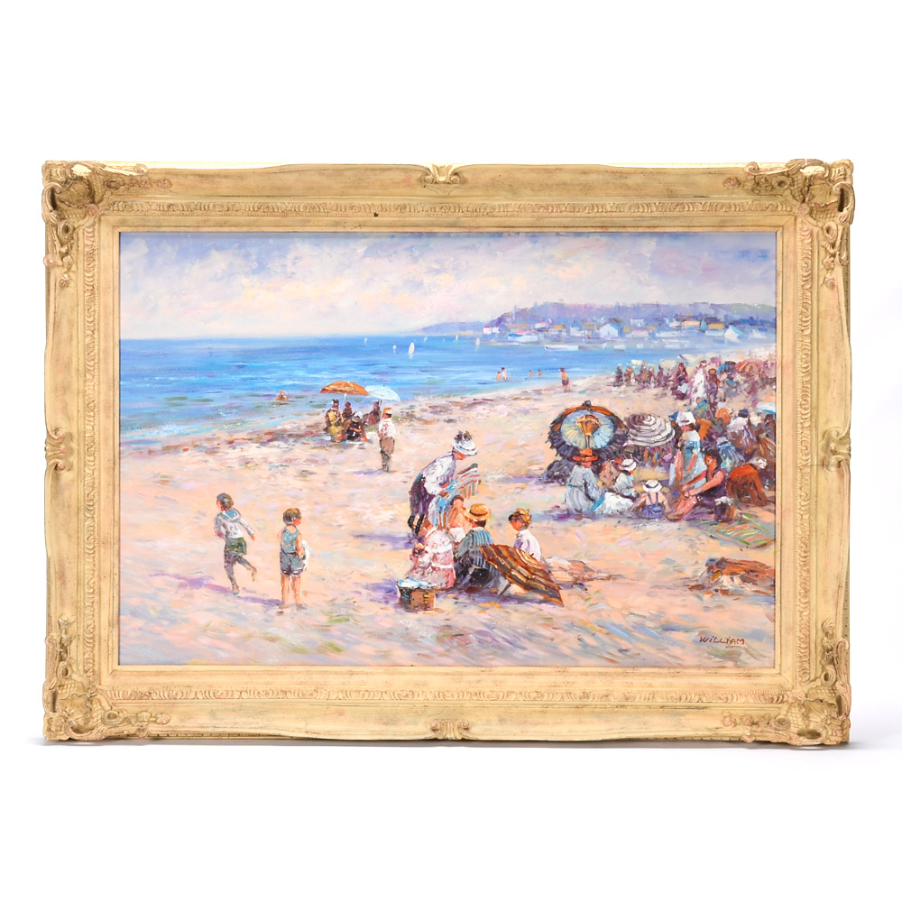 Signed Oil Painting on Canvas of Victorian Beach Scene