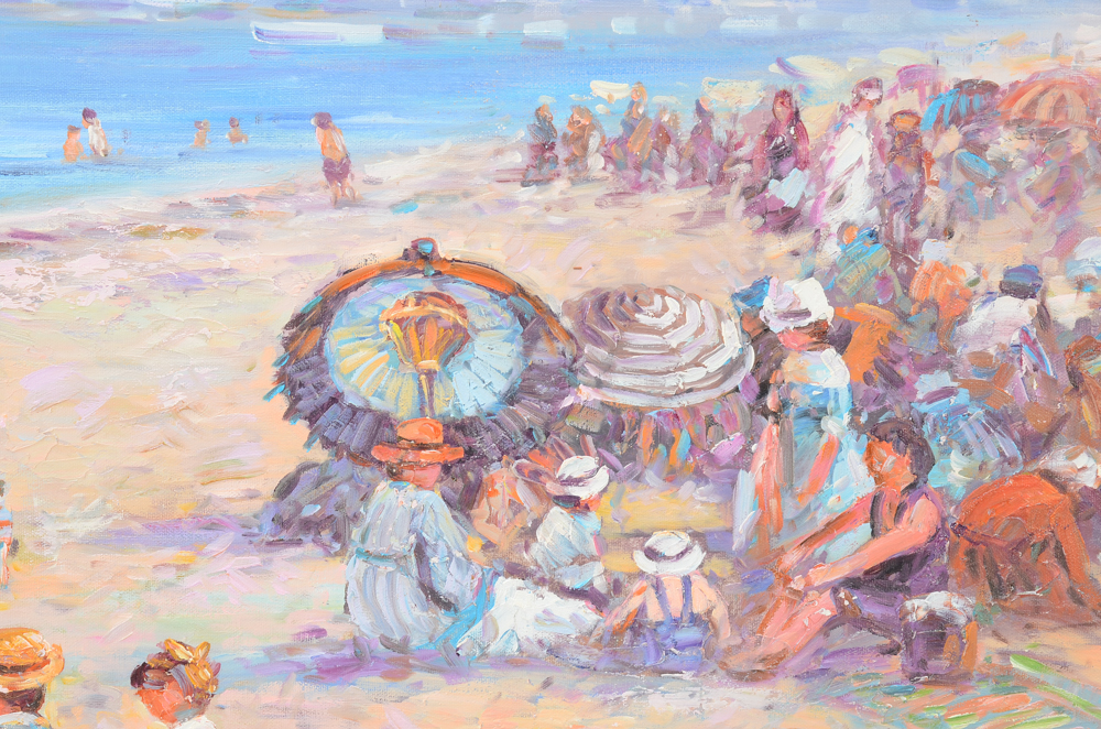 Signed Oil Painting on Canvas of Victorian Beach Scene