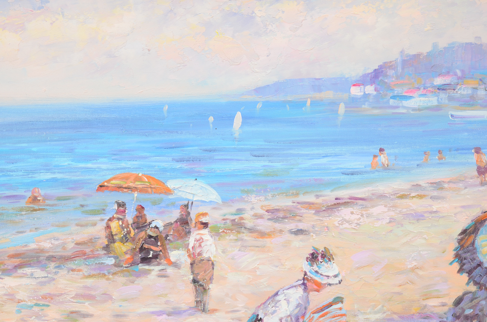 Signed Oil Painting on Canvas of Victorian Beach Scene