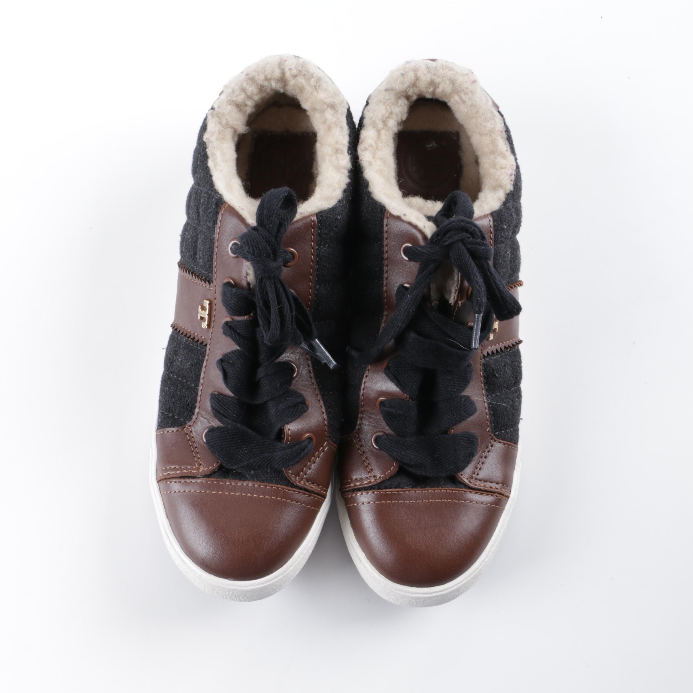 Tory Burch Oliver Quilted and Leather Sneakers with Fleece Lining