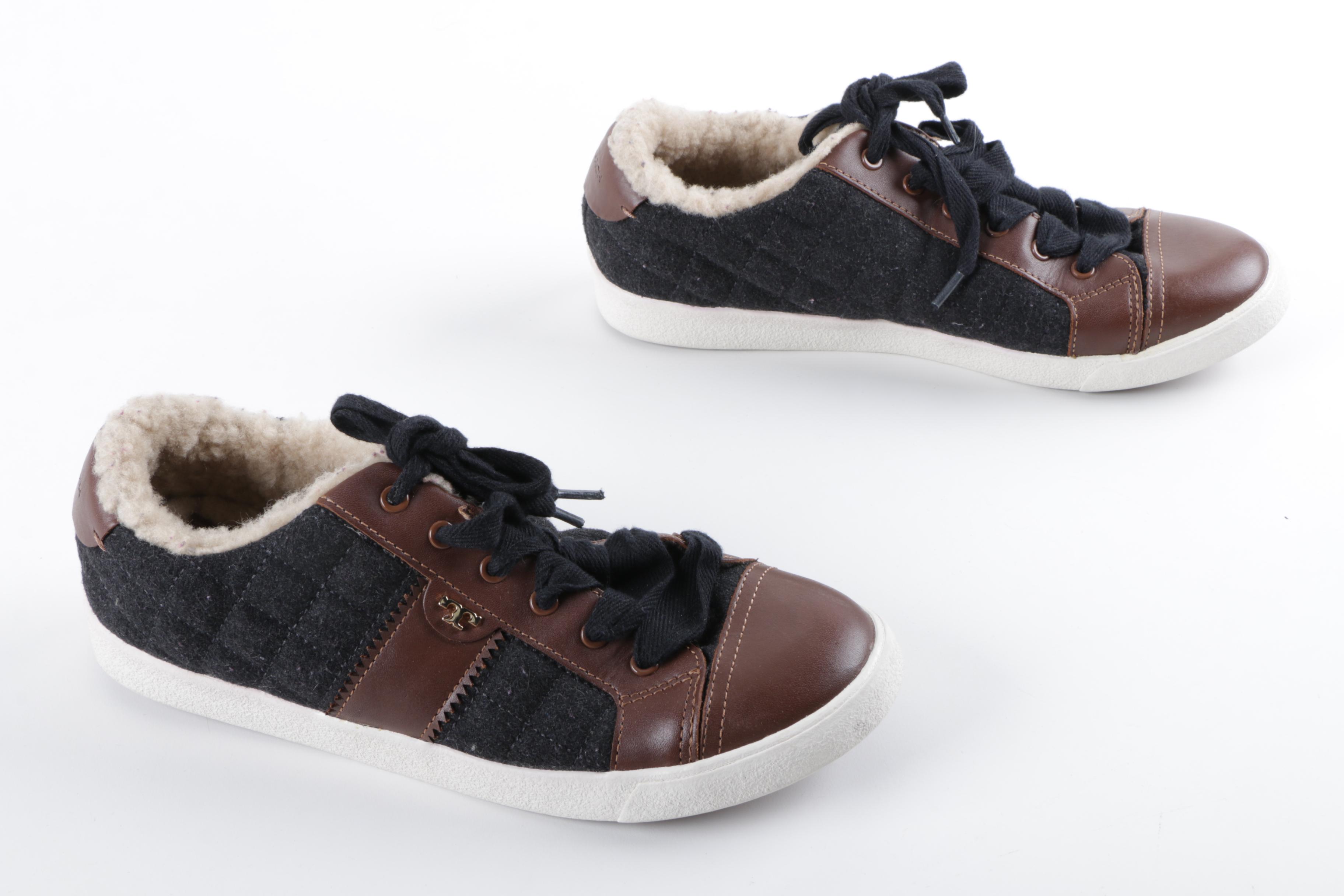 Tory Burch Oliver Quilted and Leather Sneakers with Fleece Lining