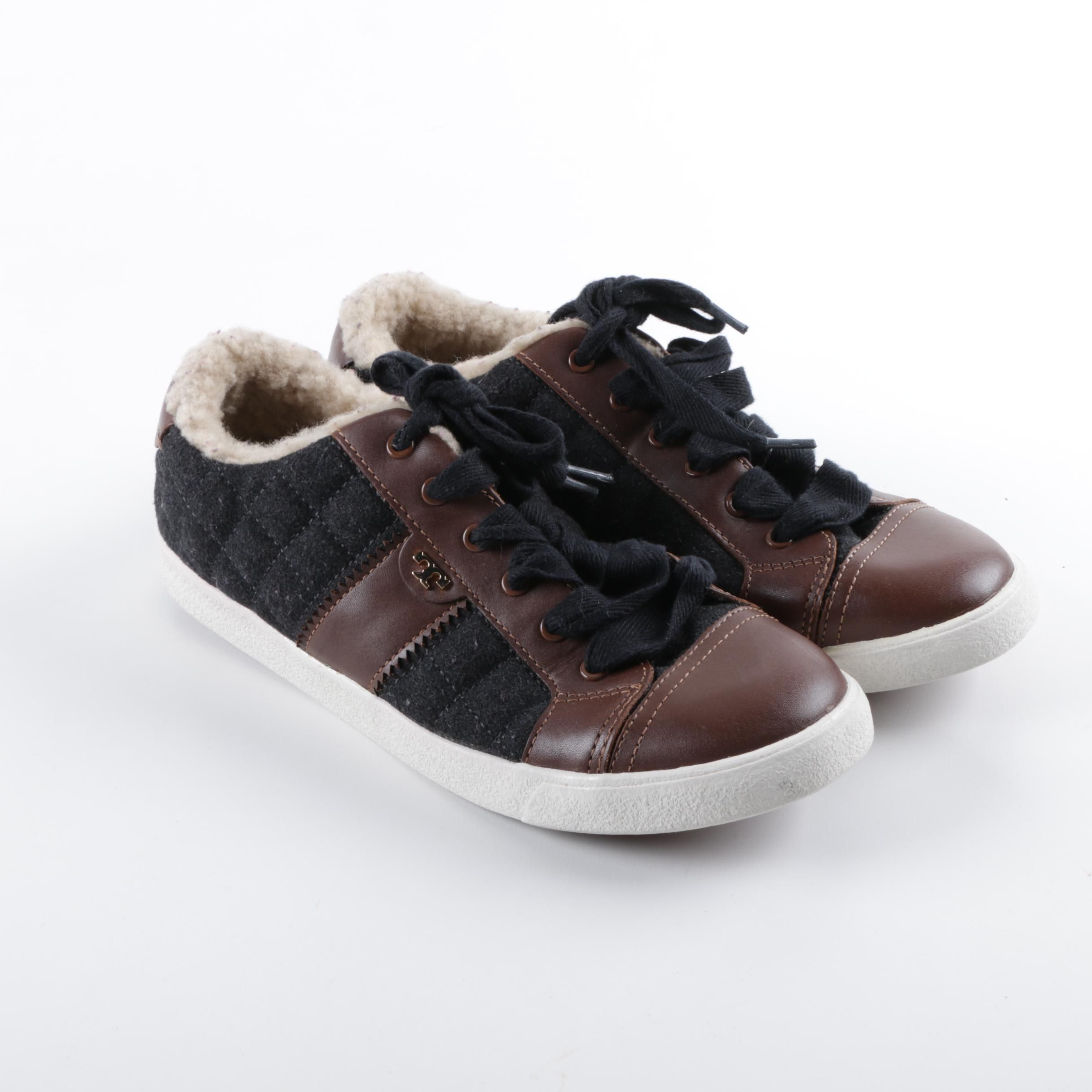 Tory Burch Oliver Quilted and Leather Sneakers with Fleece Lining