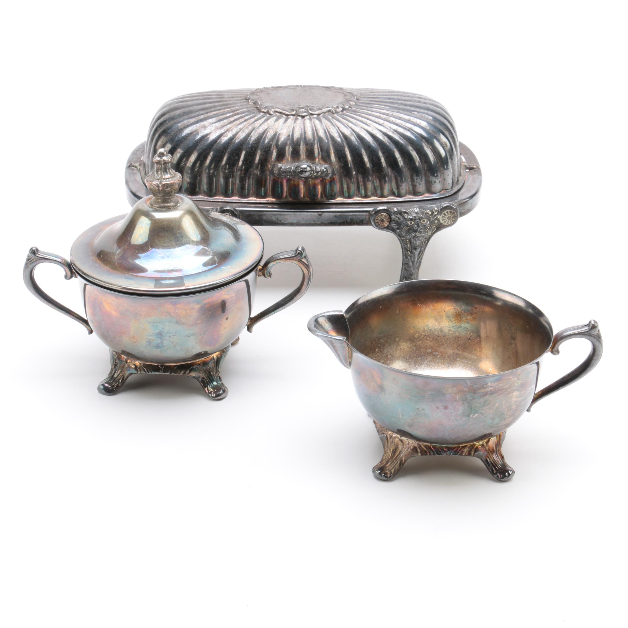 Vintage Silver Plate Butter Dish, Sugar Bowl, and Creamer