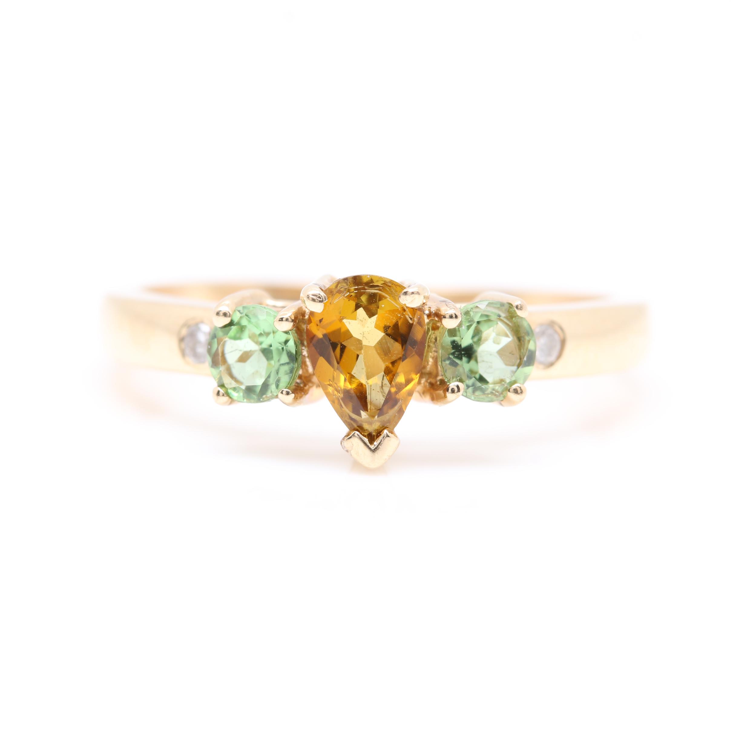 14K Yellow Gold Citrine, Green Tourmaline and Diamond Ring