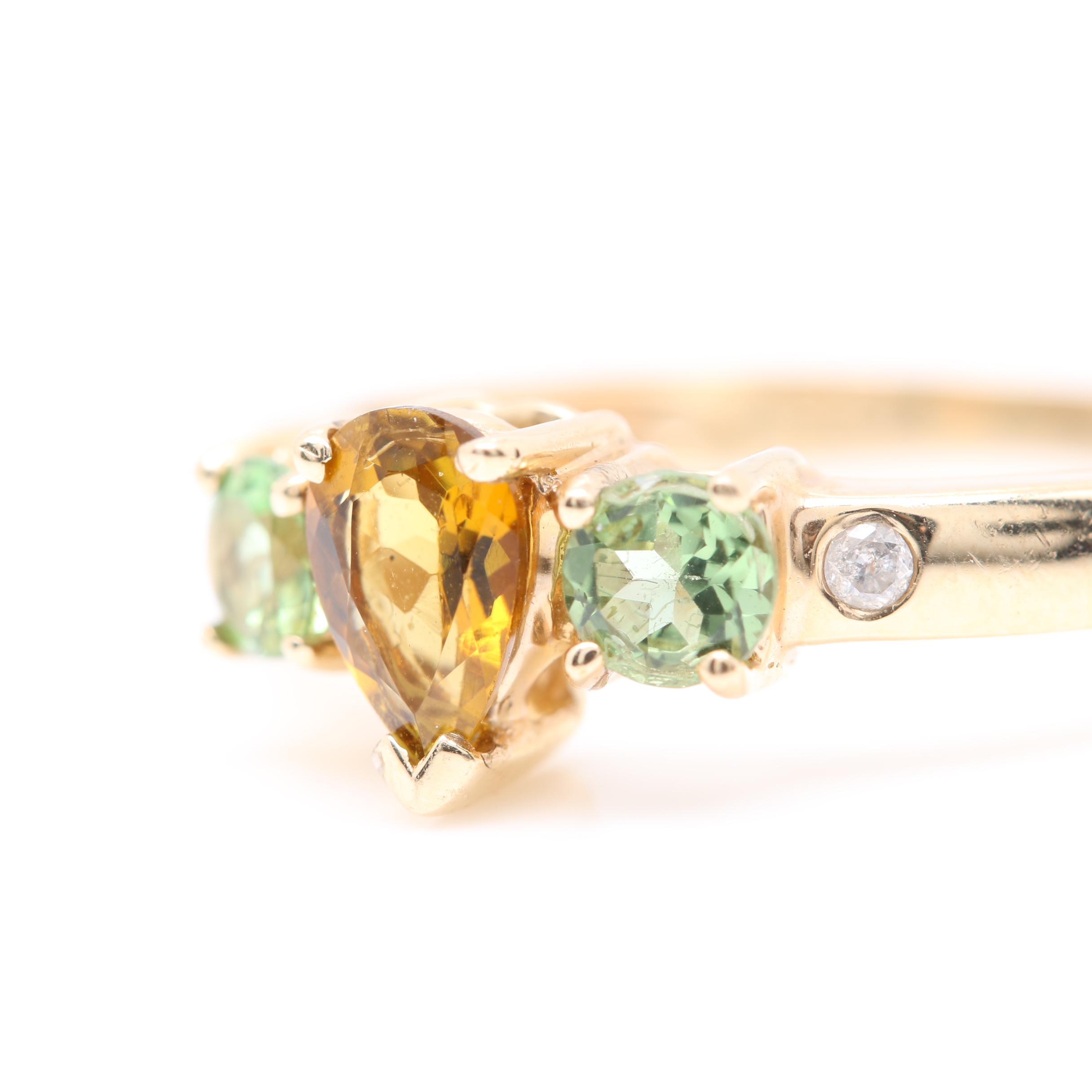 14K Yellow Gold Citrine, Green Tourmaline and Diamond Ring