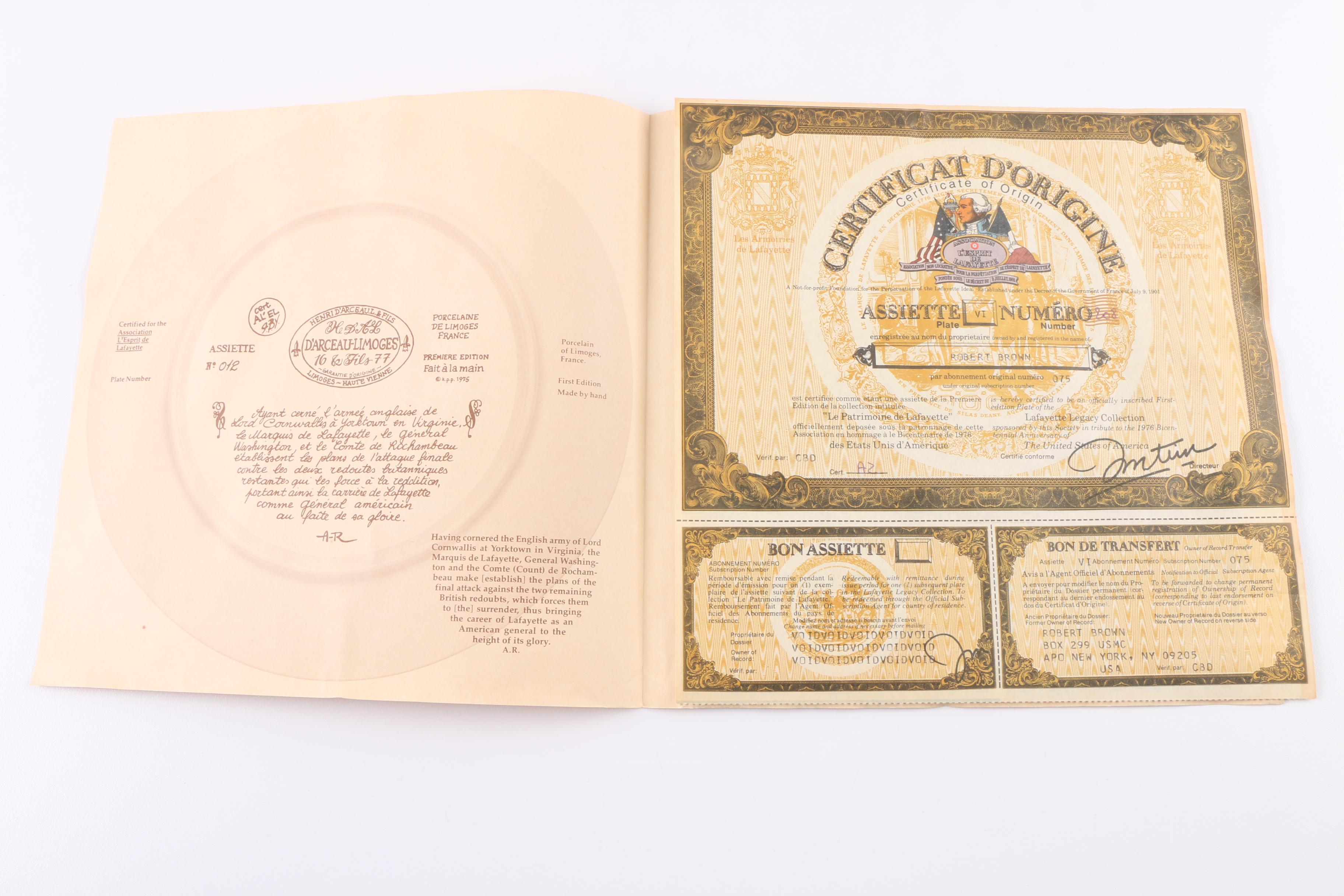 D'Arceau-Limoges "Lafayette Legacy Collection" Porcelain Plates