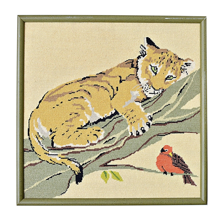 Framed Needlepoint with Lion Cub and Bird