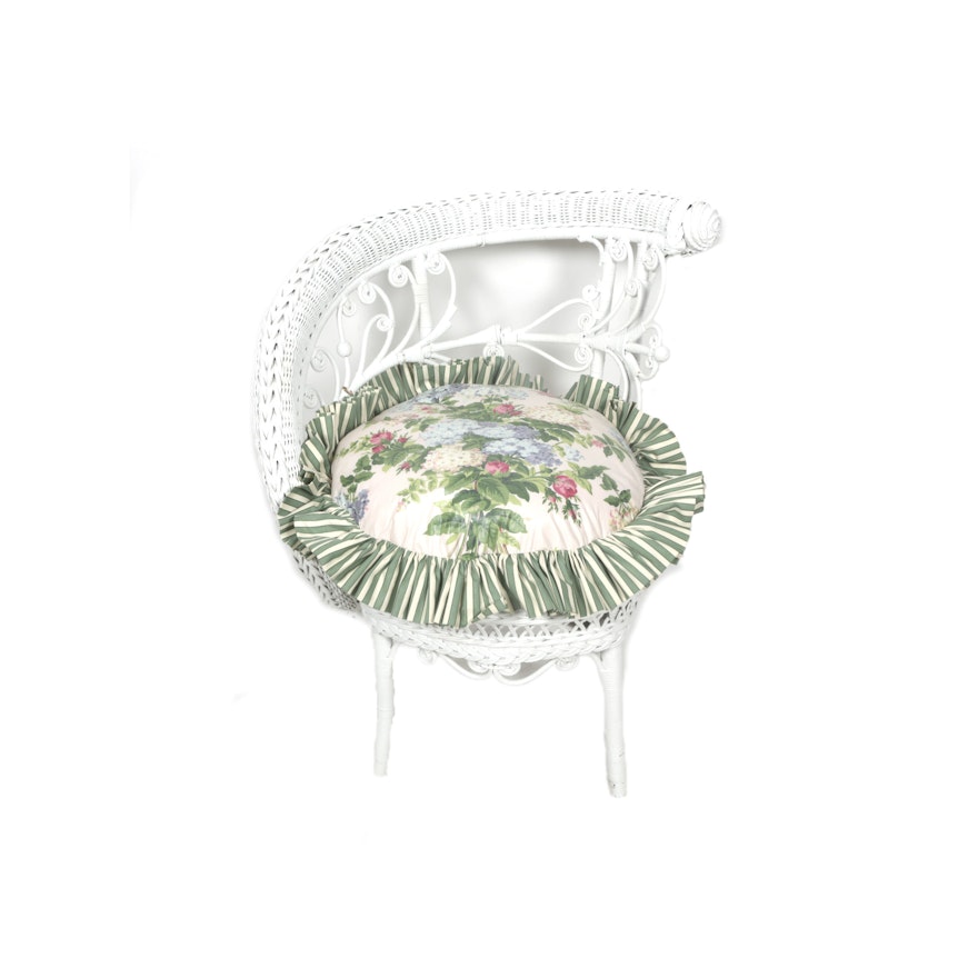 Vintage White Painted Wicker Chair with Cushion