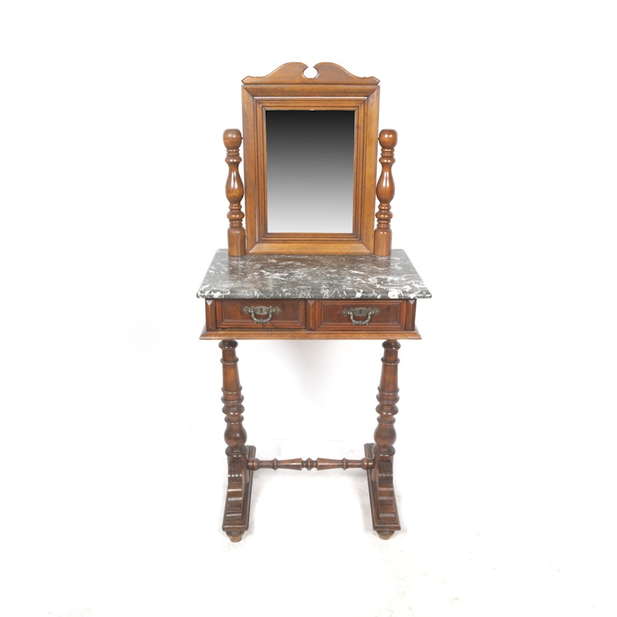 Vintage Victorian Style Marble Top Walnut Vanity Table with Tilting Mirror