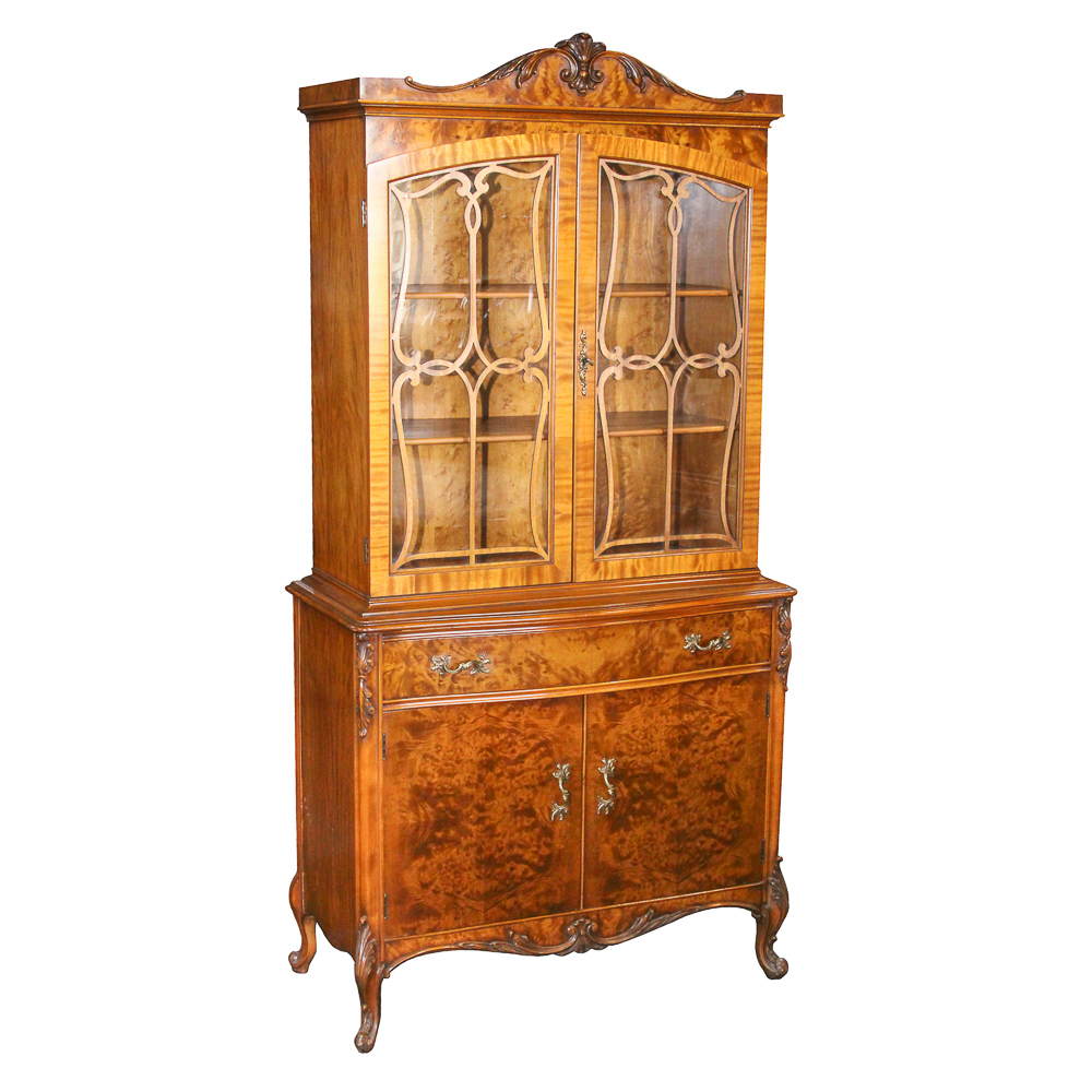 Vintage Louis XV Style Burl Wood China Cabinet by Rockford Furniture Company