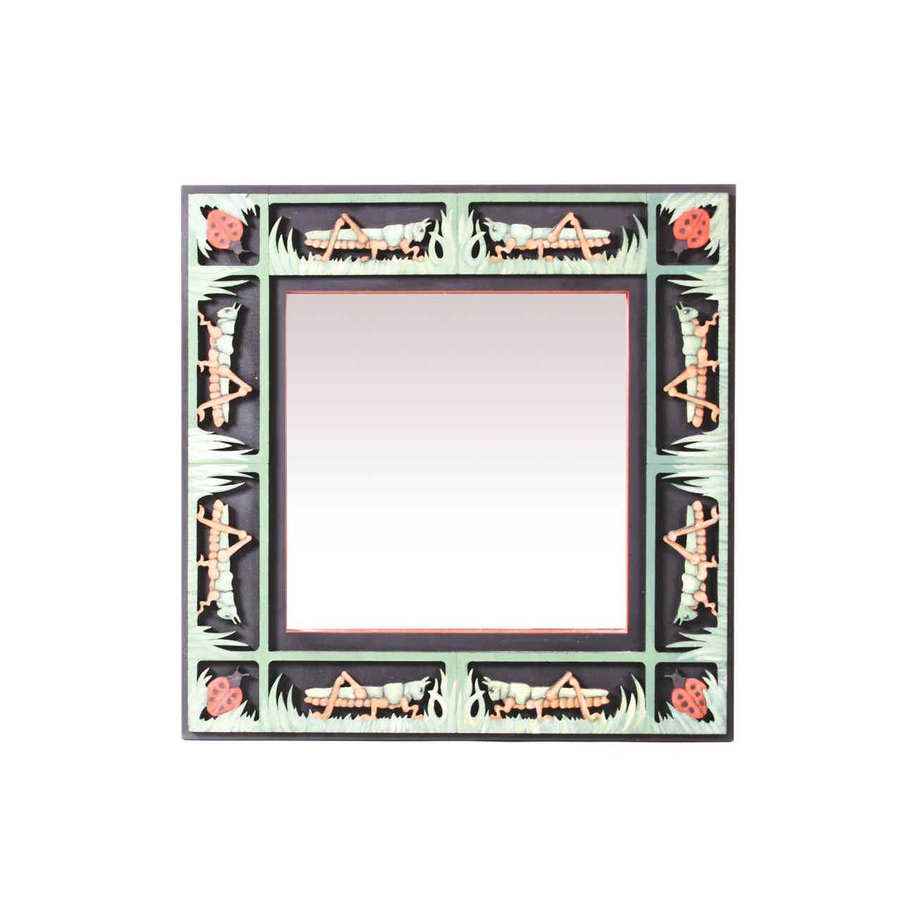 Judy Rand Carved Wood Grasshopper and Ladybugs Wall Mirror