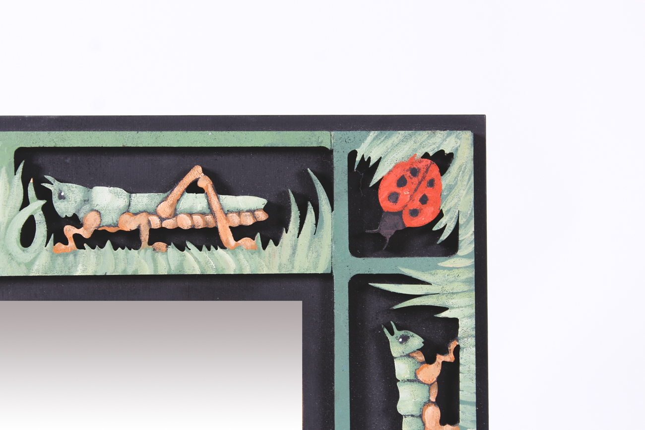 Judy Rand Carved Wood Grasshopper and Ladybugs Wall Mirror