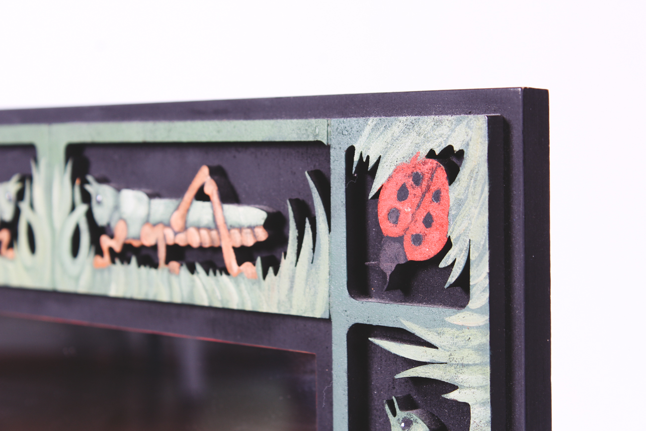 Judy Rand Carved Wood Grasshopper and Ladybugs Wall Mirror