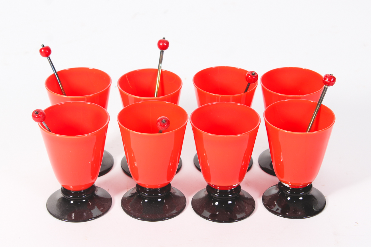 Vintage Art Deco Glass Stemware with Sheffield Silver Plate Cocktail Spoons