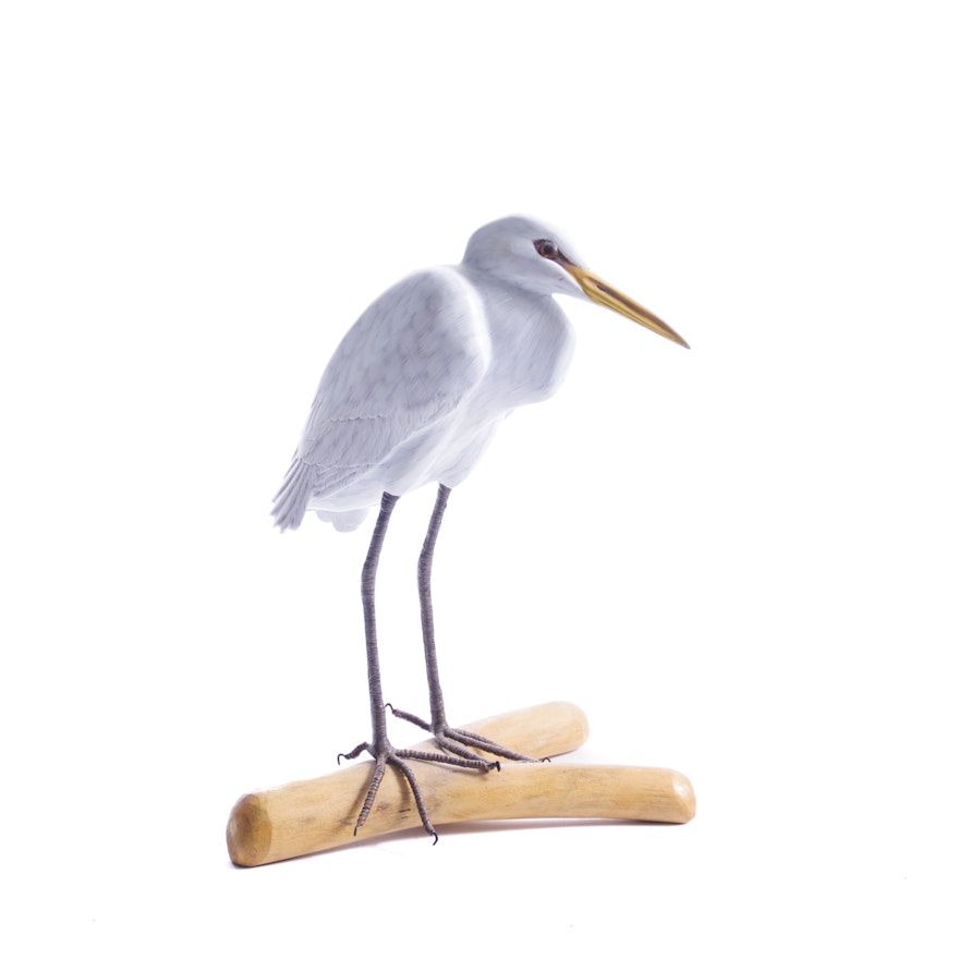 Hand-painted Wood Sculpture of Egret on Driftwood