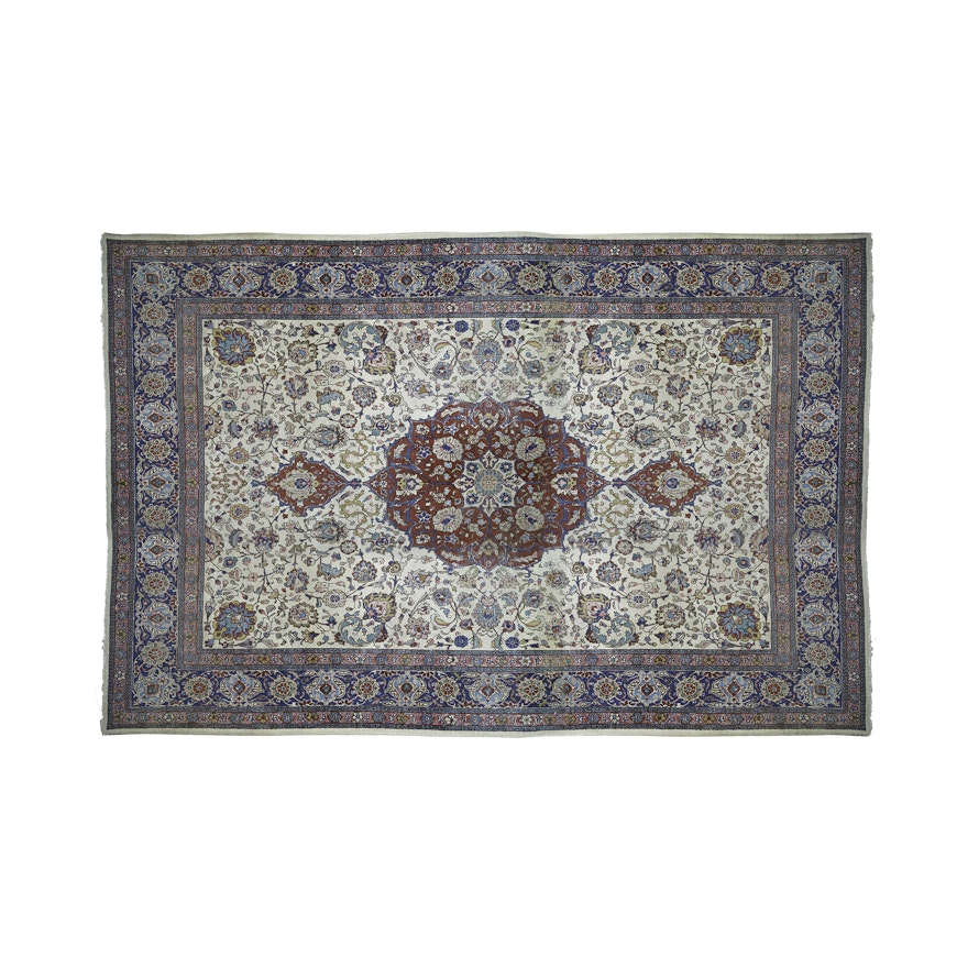 Semi-Antique Hand-Knotted Qum Wool Room Sized Rug