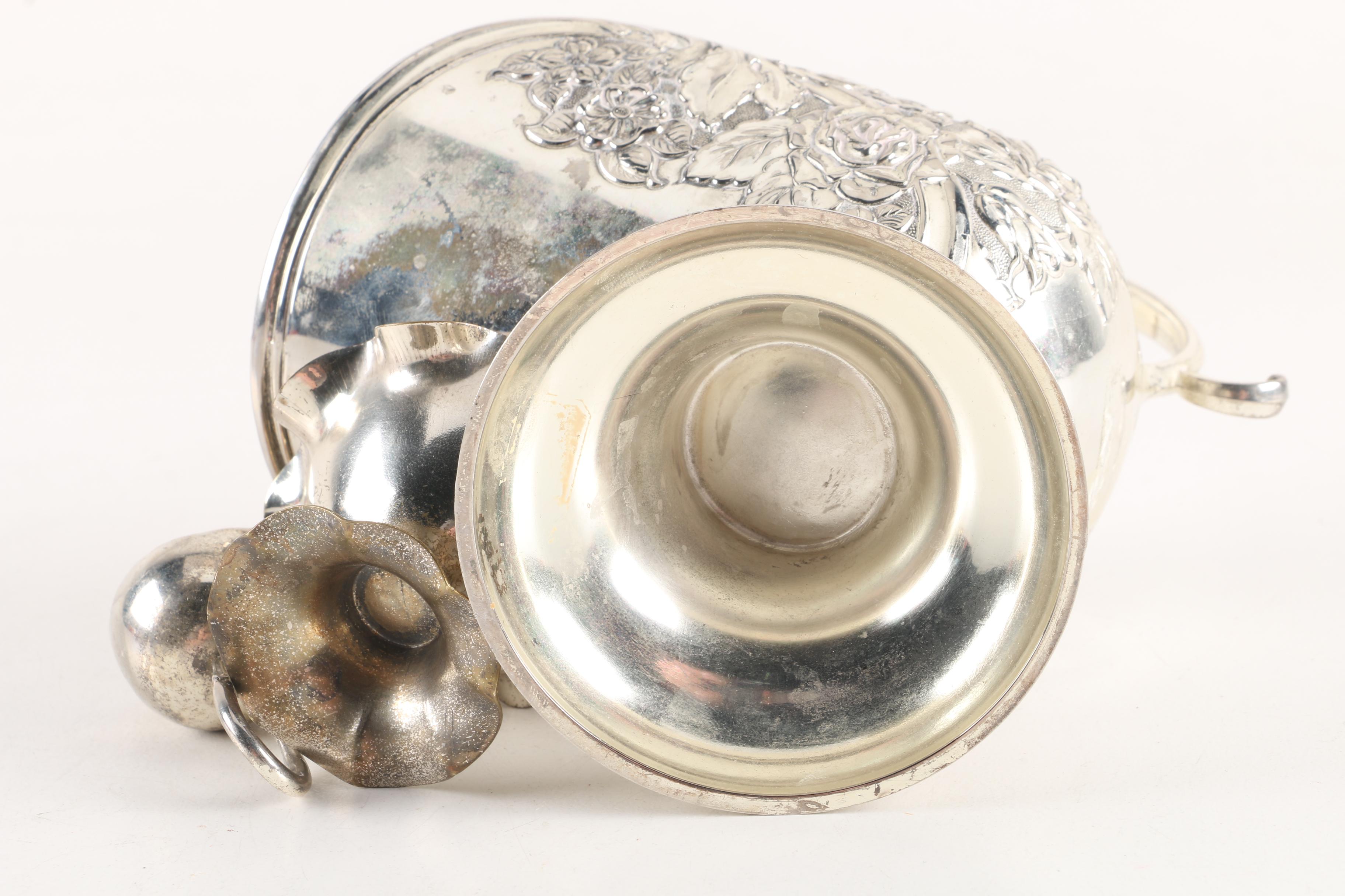 Silver Plate Sugar Scuttle and Assorted Salt Cellars