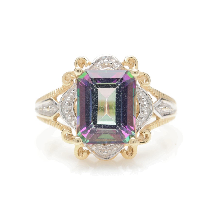 10K Yellow Gold Mystic Topaz and Diamond Ring