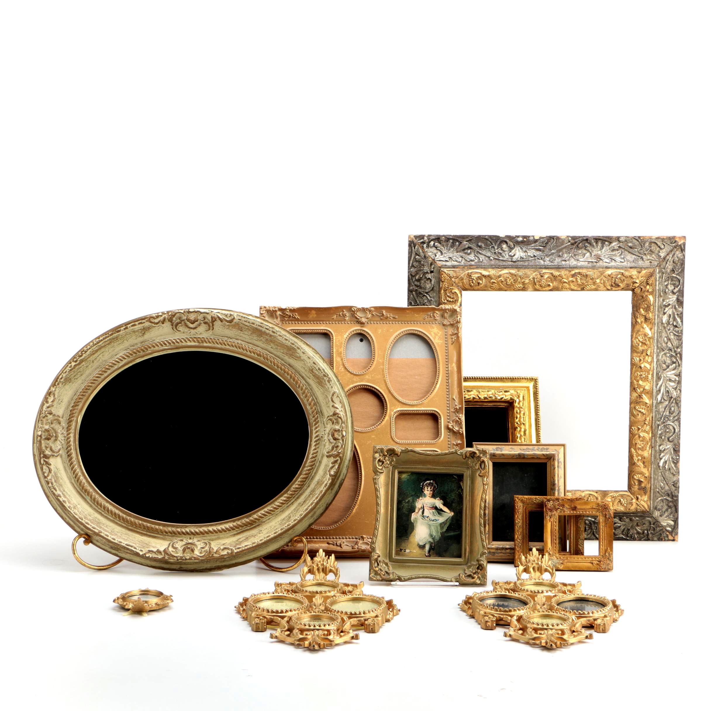 Gold Tone Wood Wall Frames and Framed Wall Mirror