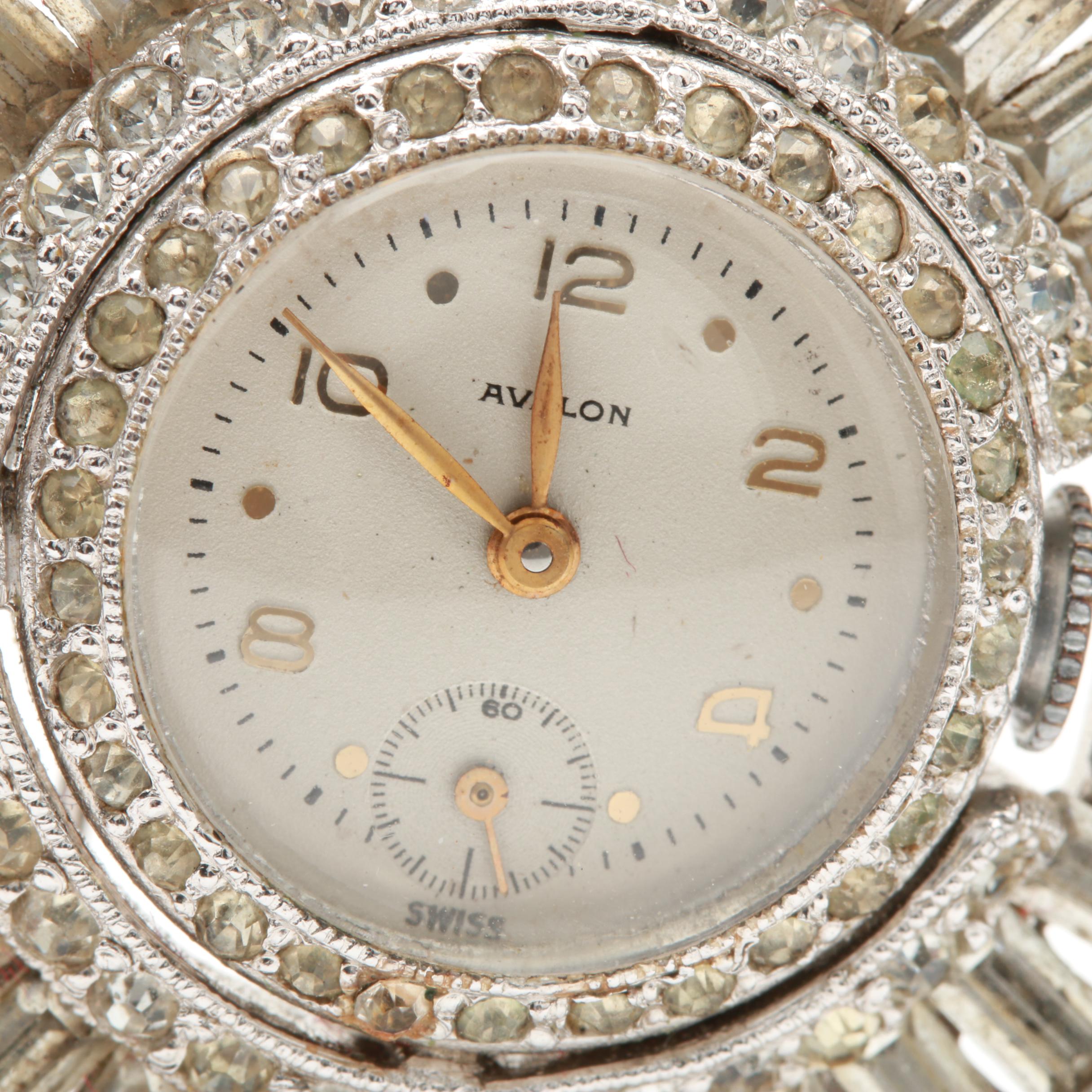 Avalon and Landau Silver Tone and Gold Filled Glass Crystal Brooch Watches