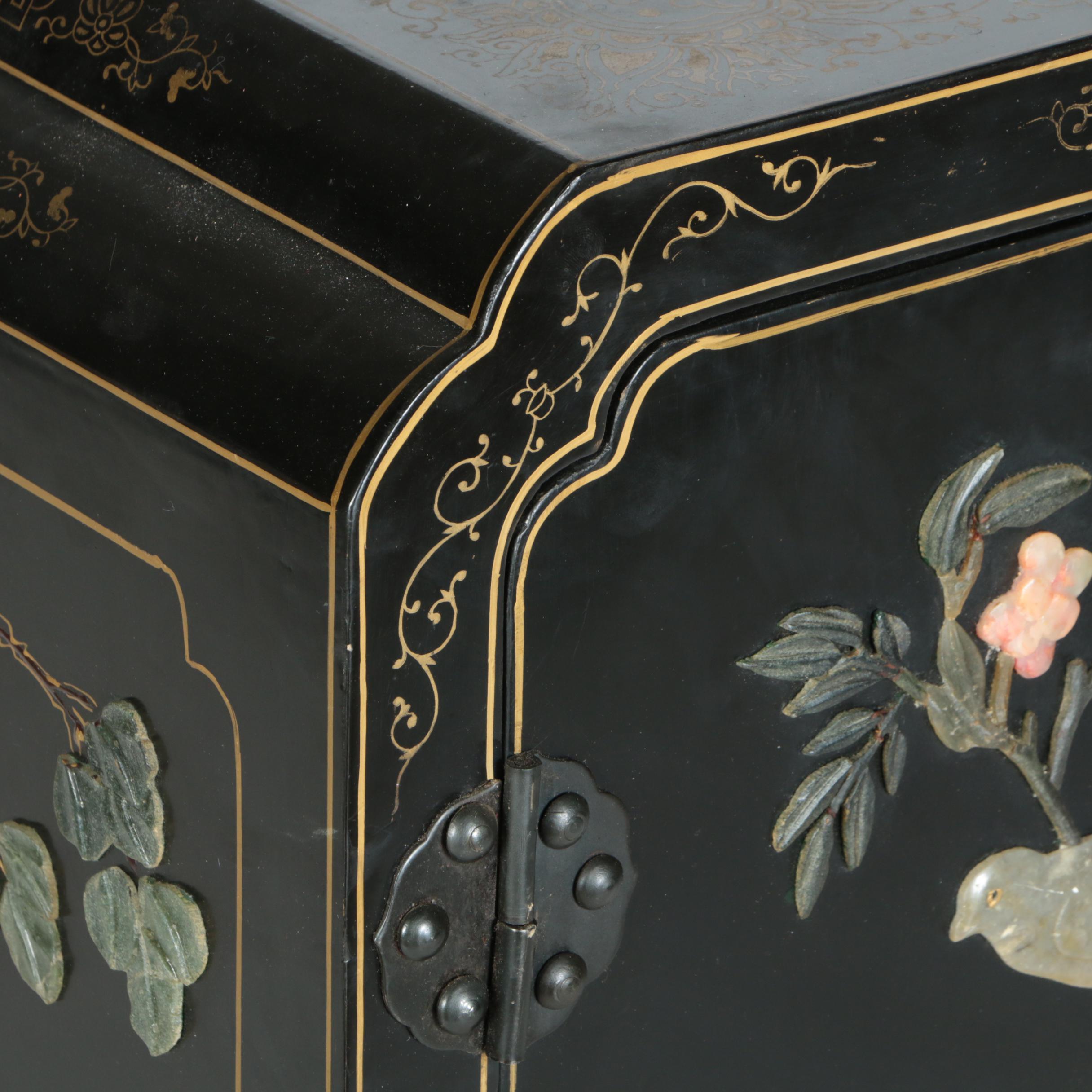 Chinese Black Lacquer and Hardstone Cabinet by Jinlong