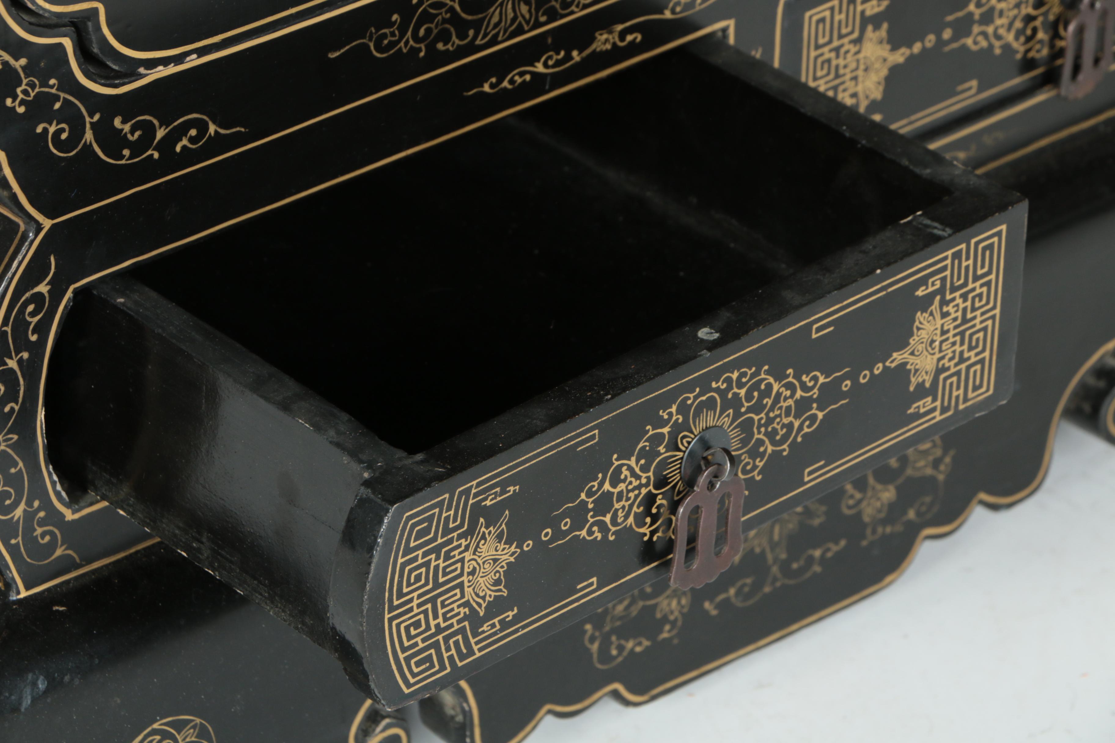 Chinese Black Lacquer and Hardstone Cabinet by Jinlong