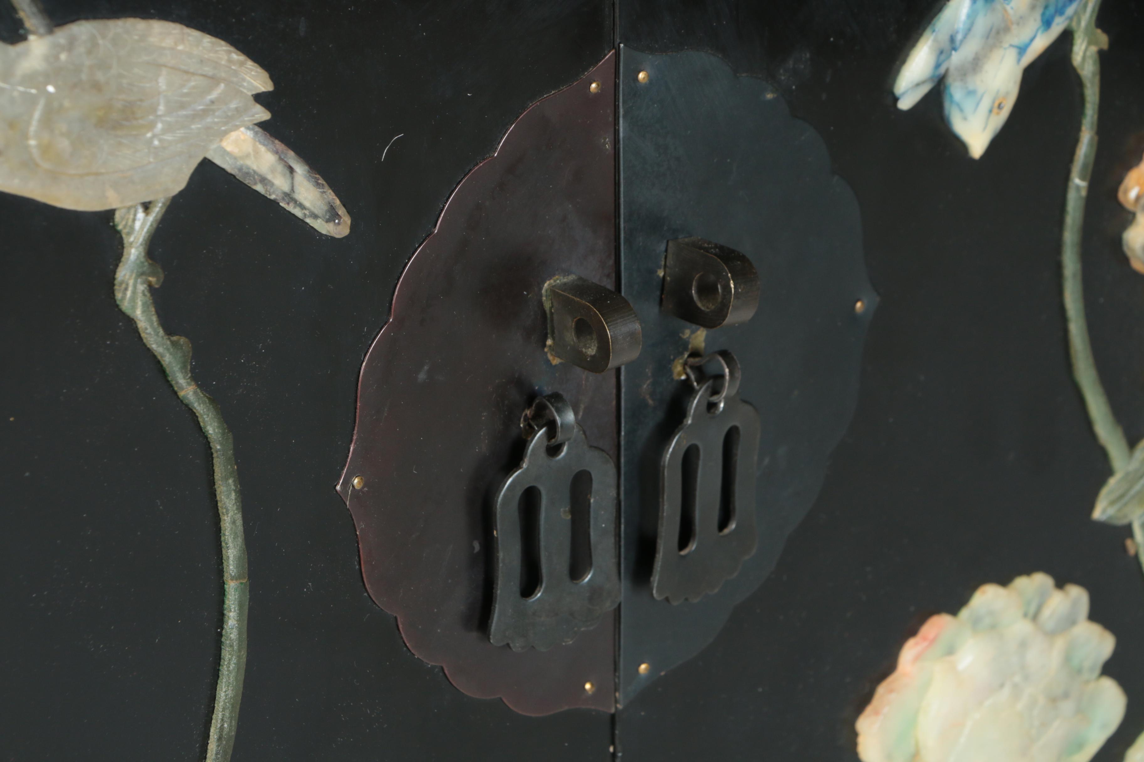 Chinese Black Lacquer and Hardstone Cabinet by Jinlong