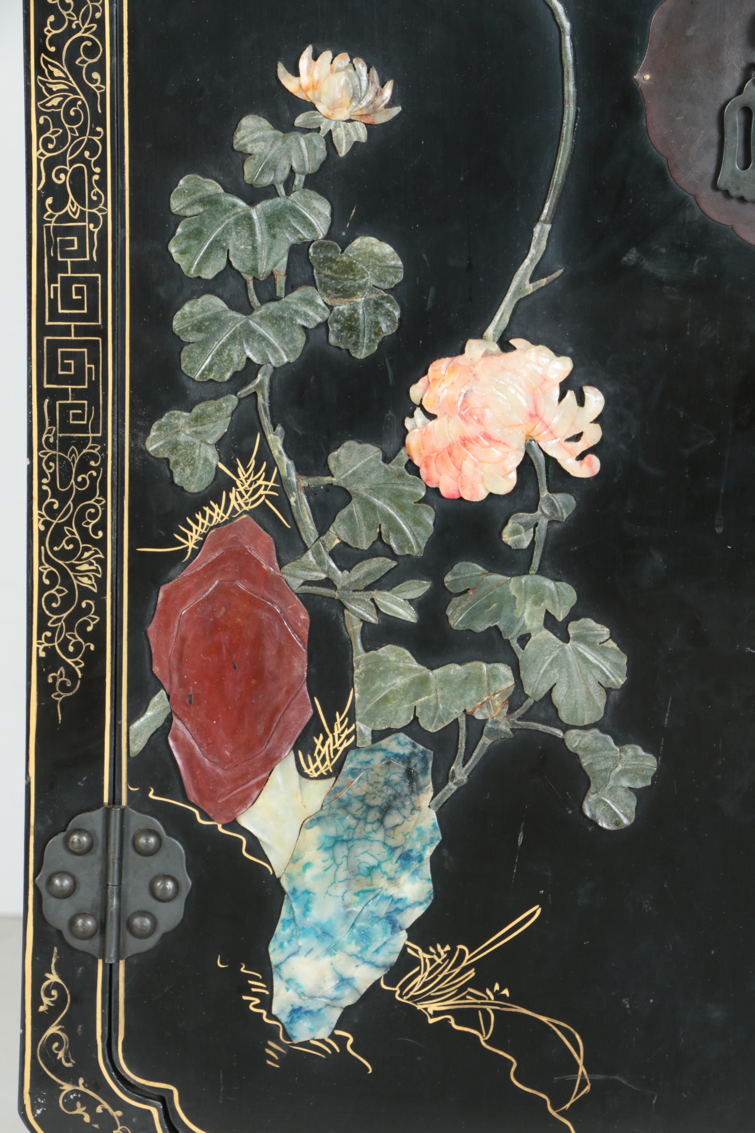 Chinese Black Lacquer and Hardstone Cabinet by Jinlong