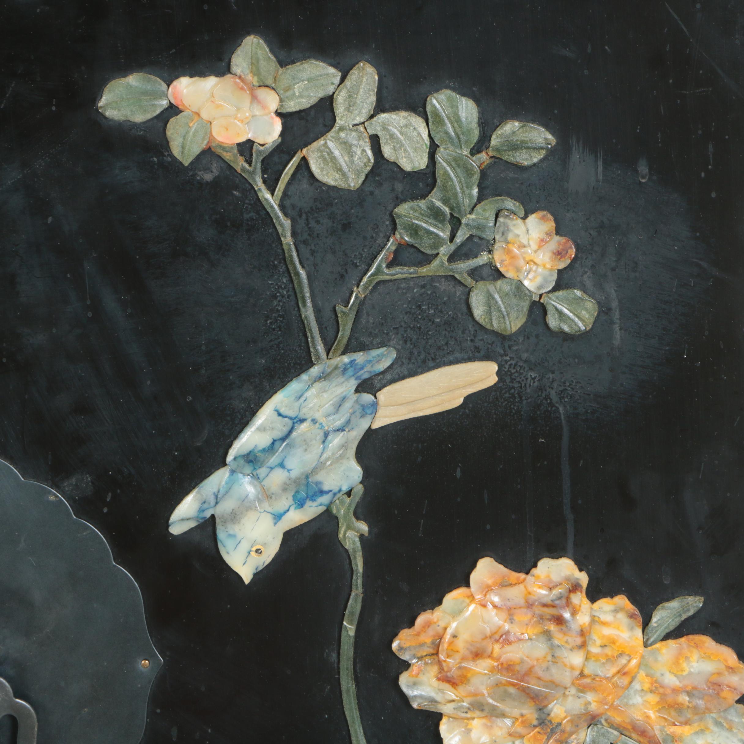 Chinese Black Lacquer and Hardstone Cabinet by Jinlong