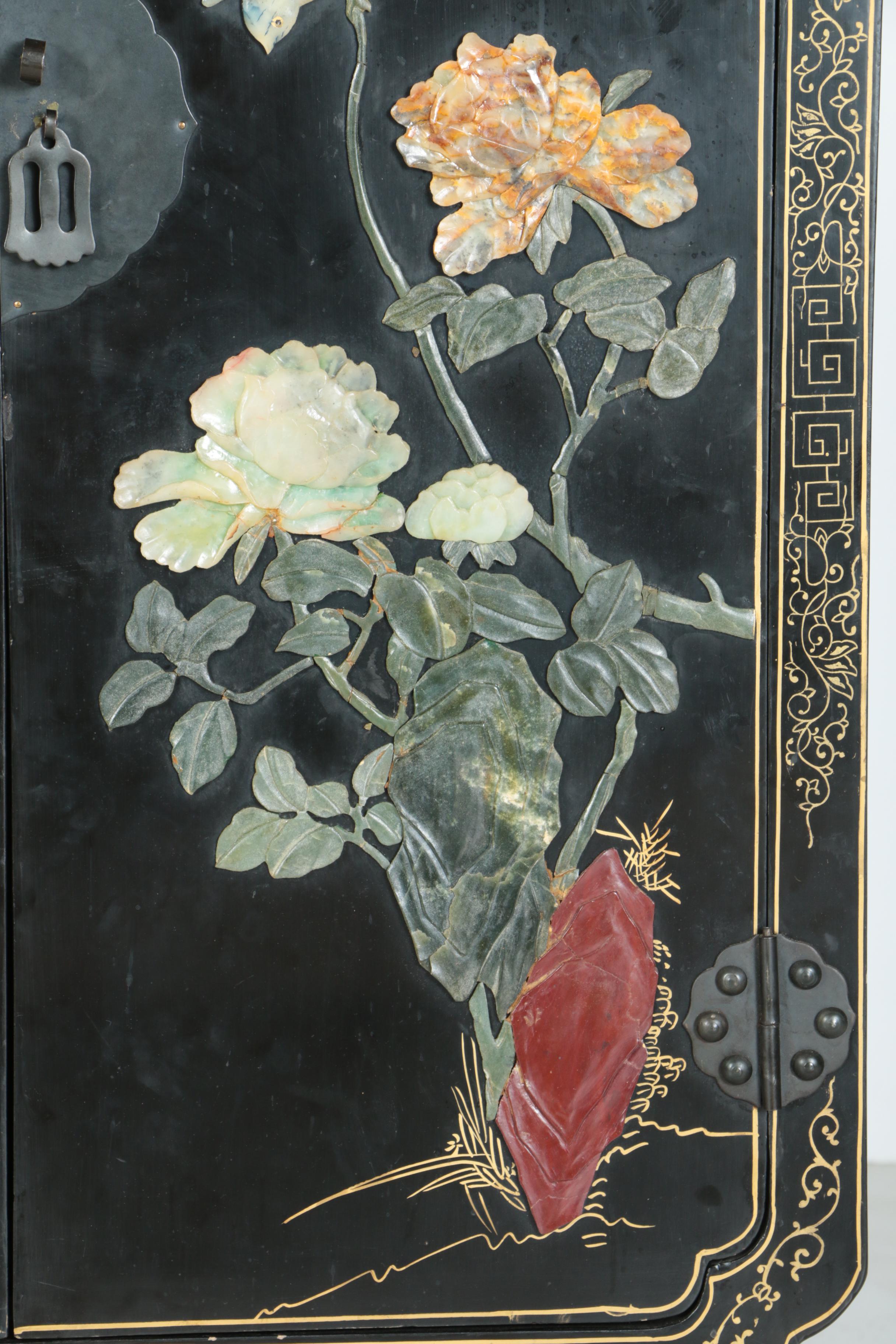 Chinese Black Lacquer and Hardstone Cabinet by Jinlong