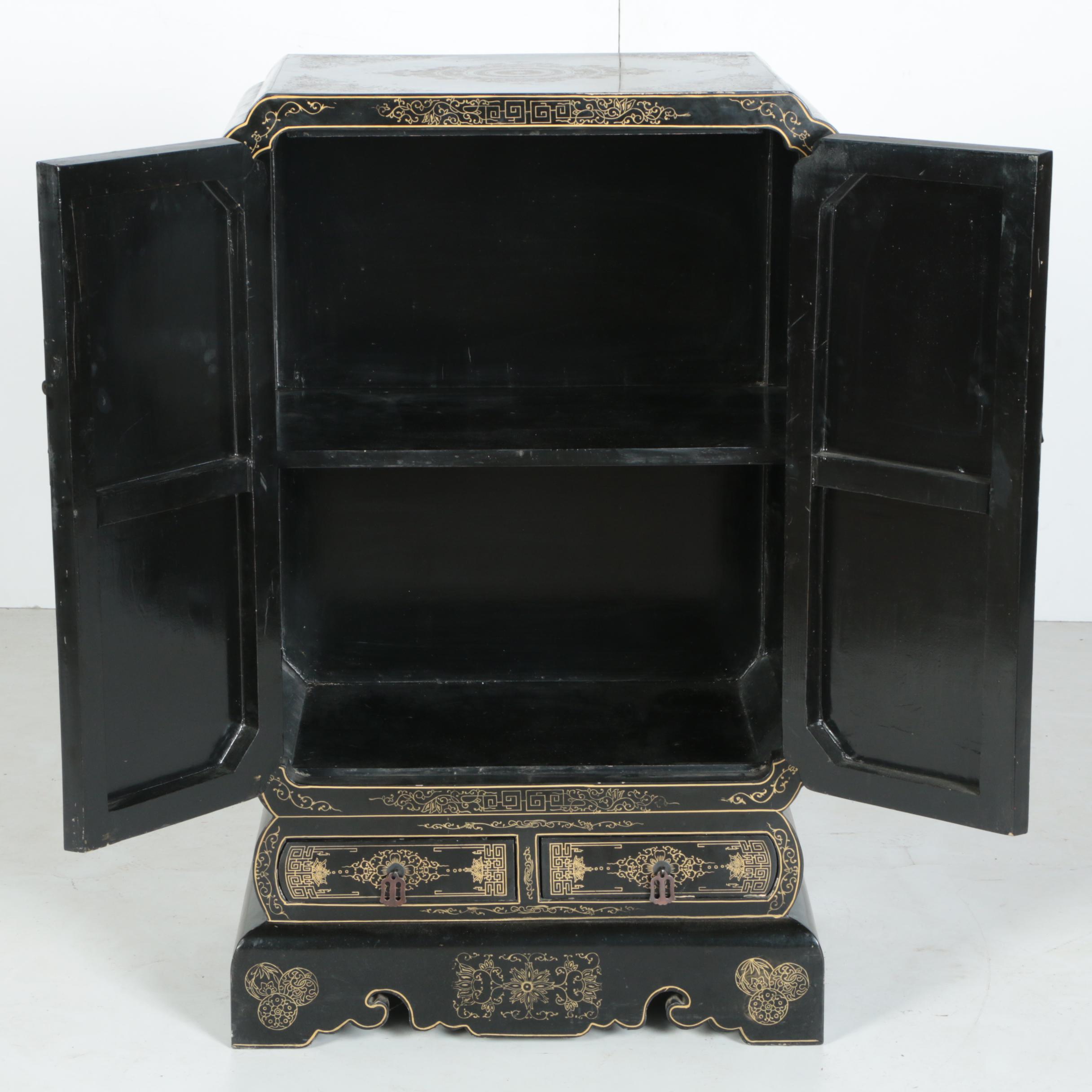 Chinese Black Lacquer and Hardstone Cabinet by Jinlong