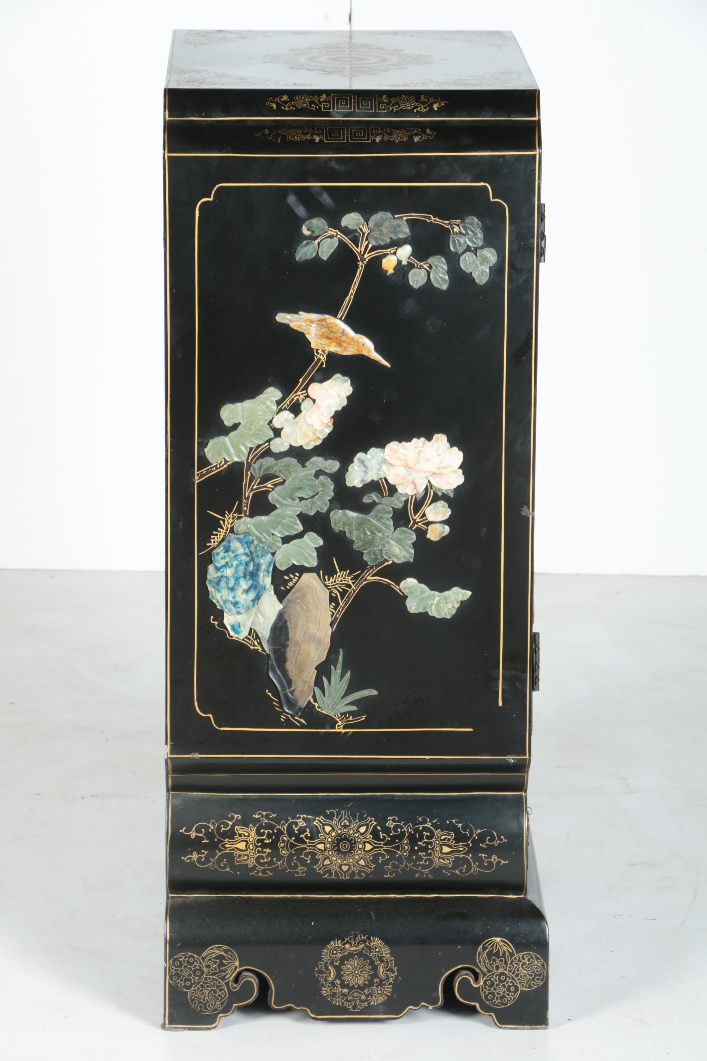 Chinese Black Lacquer and Hardstone Cabinet by Jinlong
