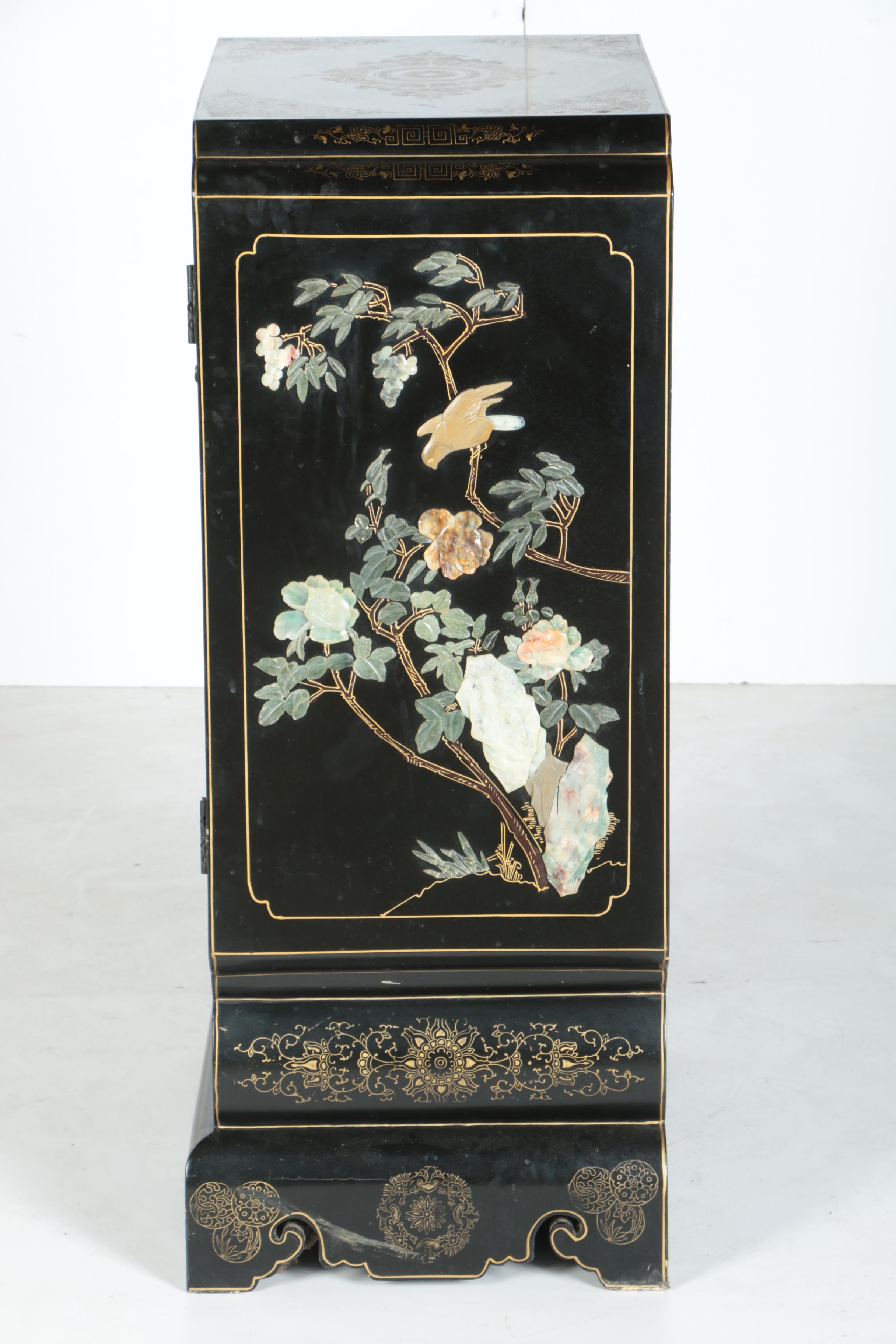 Chinese Black Lacquer and Hardstone Cabinet by Jinlong
