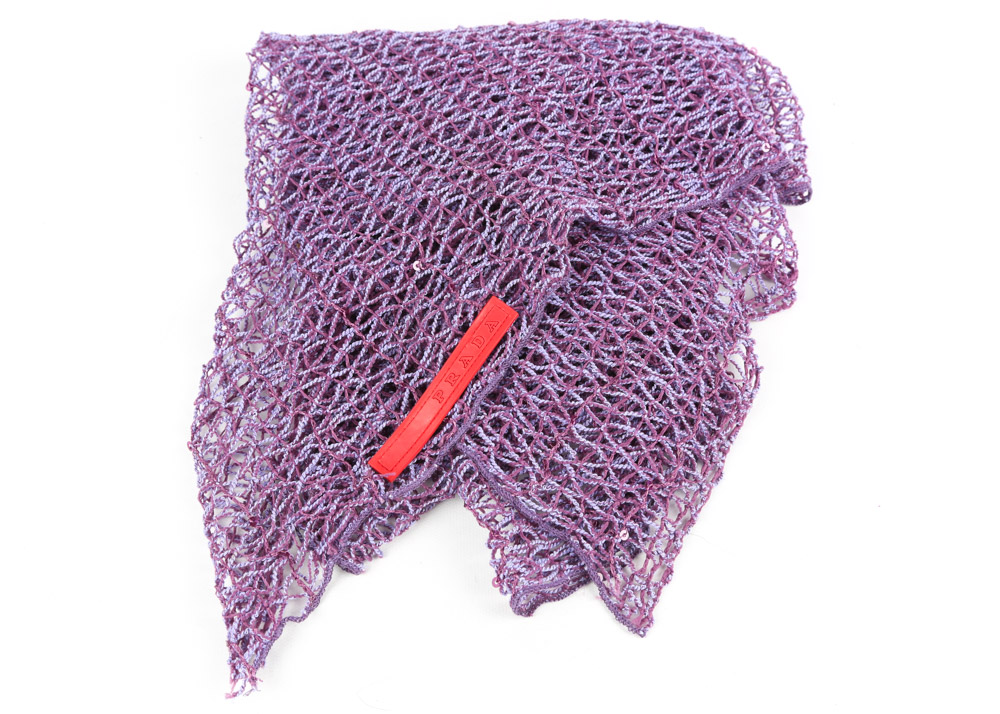 Prada Lilac Fishnet Open Weave Knit Shawl, Made in Italy