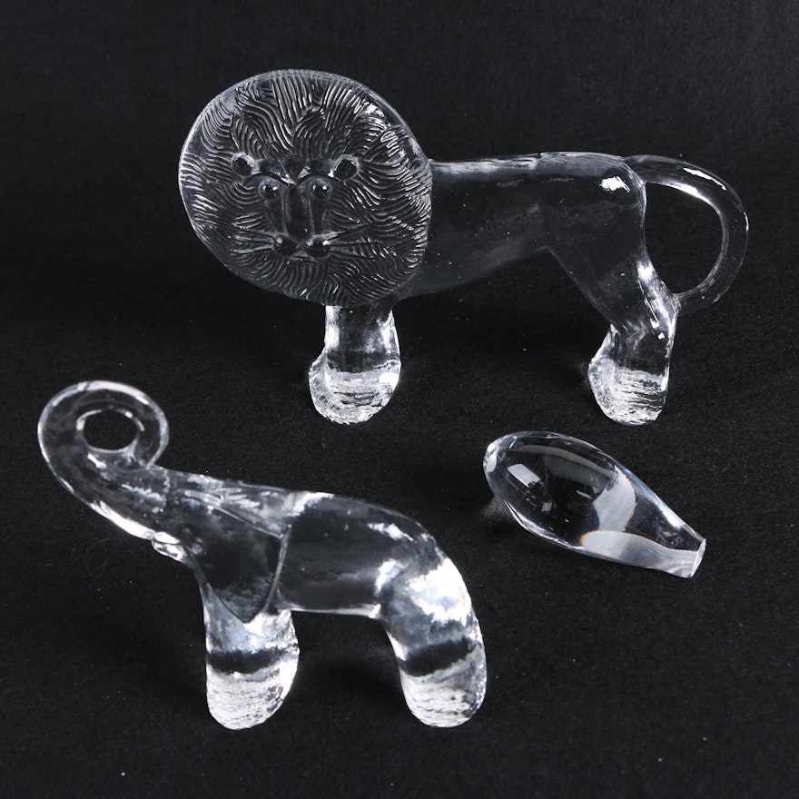 Kosta Boda Style Crystal Lion, Elephant, and Seal Paperweights