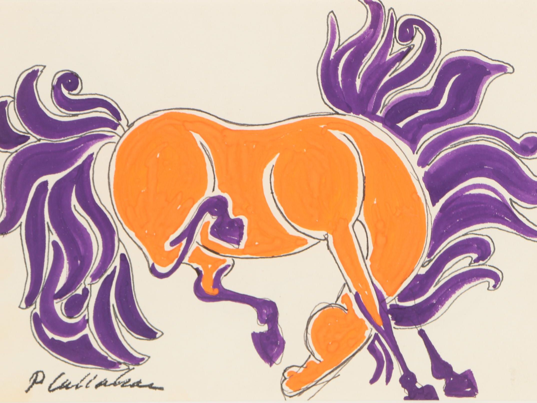 Phillip Callahan Gouache Painting of Orange and Purple Bronco
