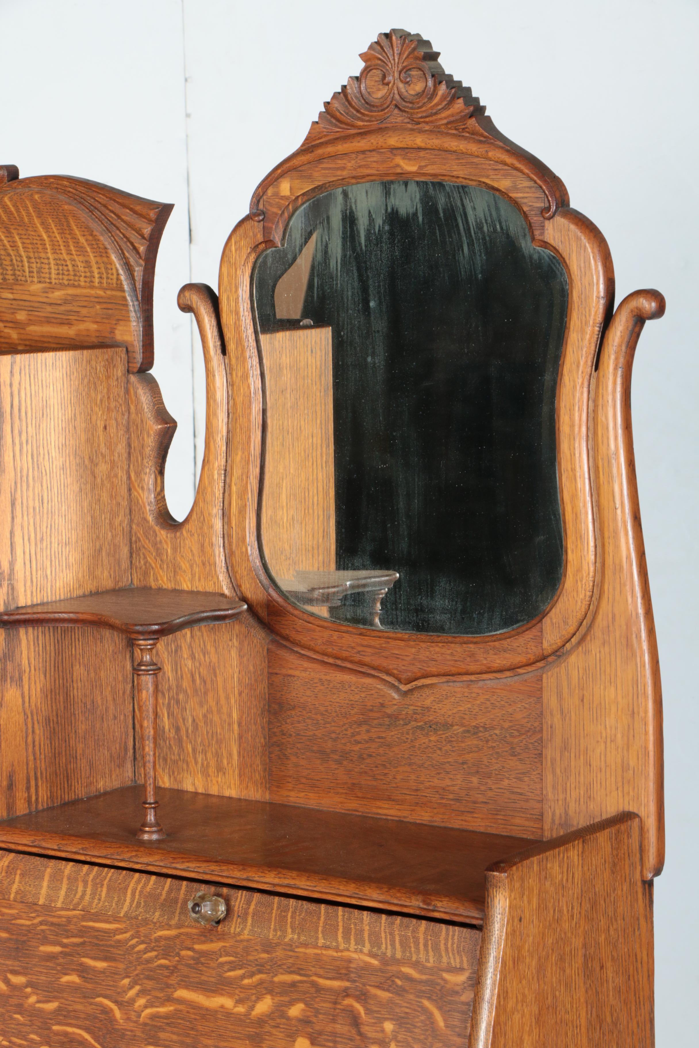 Vintage Victorian Style Oak Side by Side Chifferobe with Fall Front and Mirror