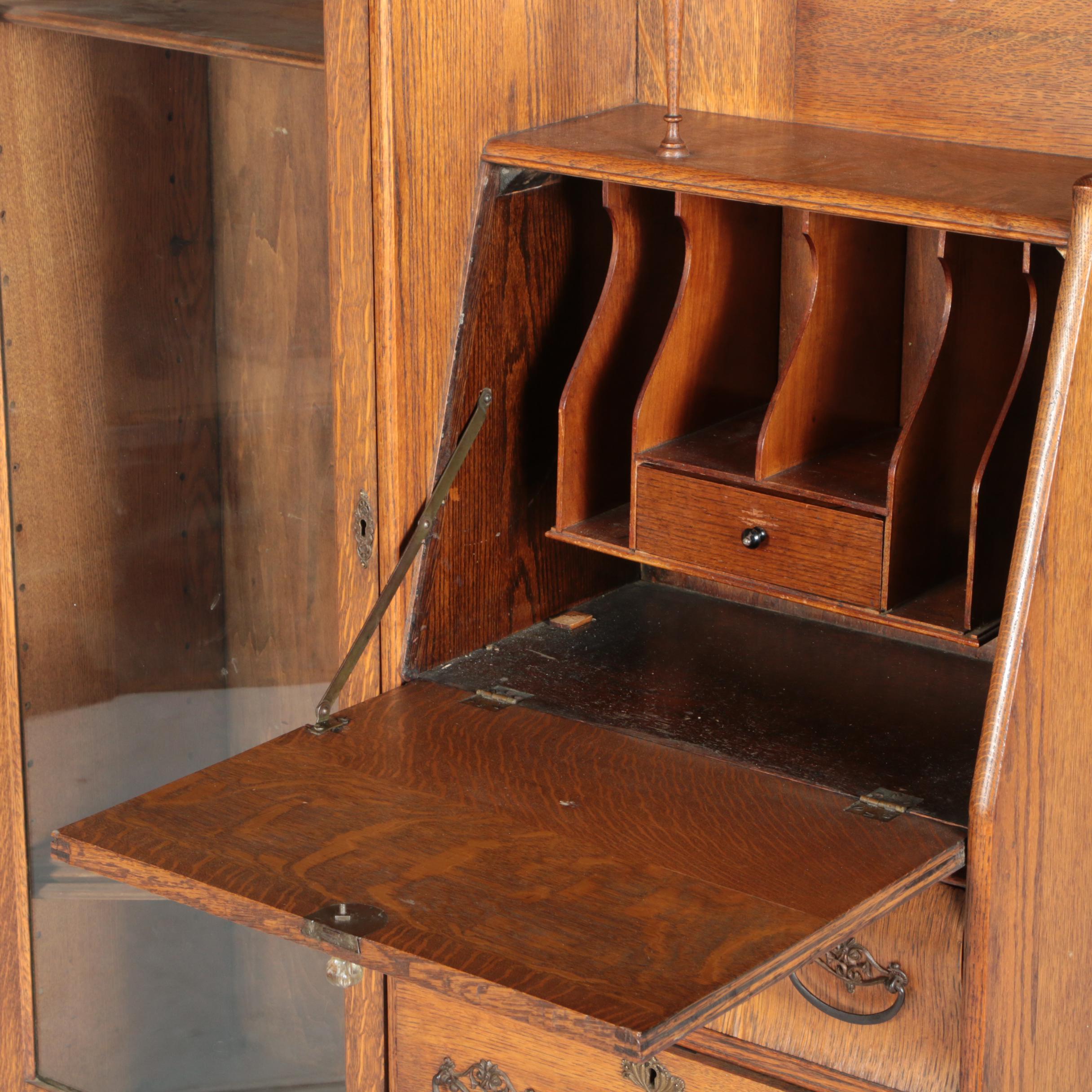 Vintage Victorian Style Oak Side by Side Chifferobe with Fall Front and Mirror